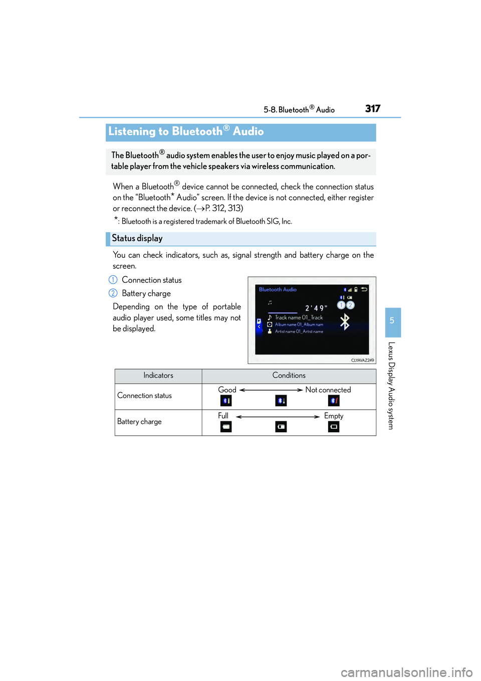 Lexus IS250 2015 User Guide 317
5
Lexus Display Audio system
IS350/250_U (OM53C50U)5-8. Bluetooth
® Audio
When a Bluetooth® device cannot be connected, check the connection status
on the “Bluetooth
* Audio” screen. If the Lexus IS250 2015 User Guide 317
5
Lexus Display Audio system
IS350/250_U (OM53C50U)5-8. Bluetooth
® Audio
When a Bluetooth® device cannot be connected, check the connection status
on the “Bluetooth
* Audio” screen. If the
