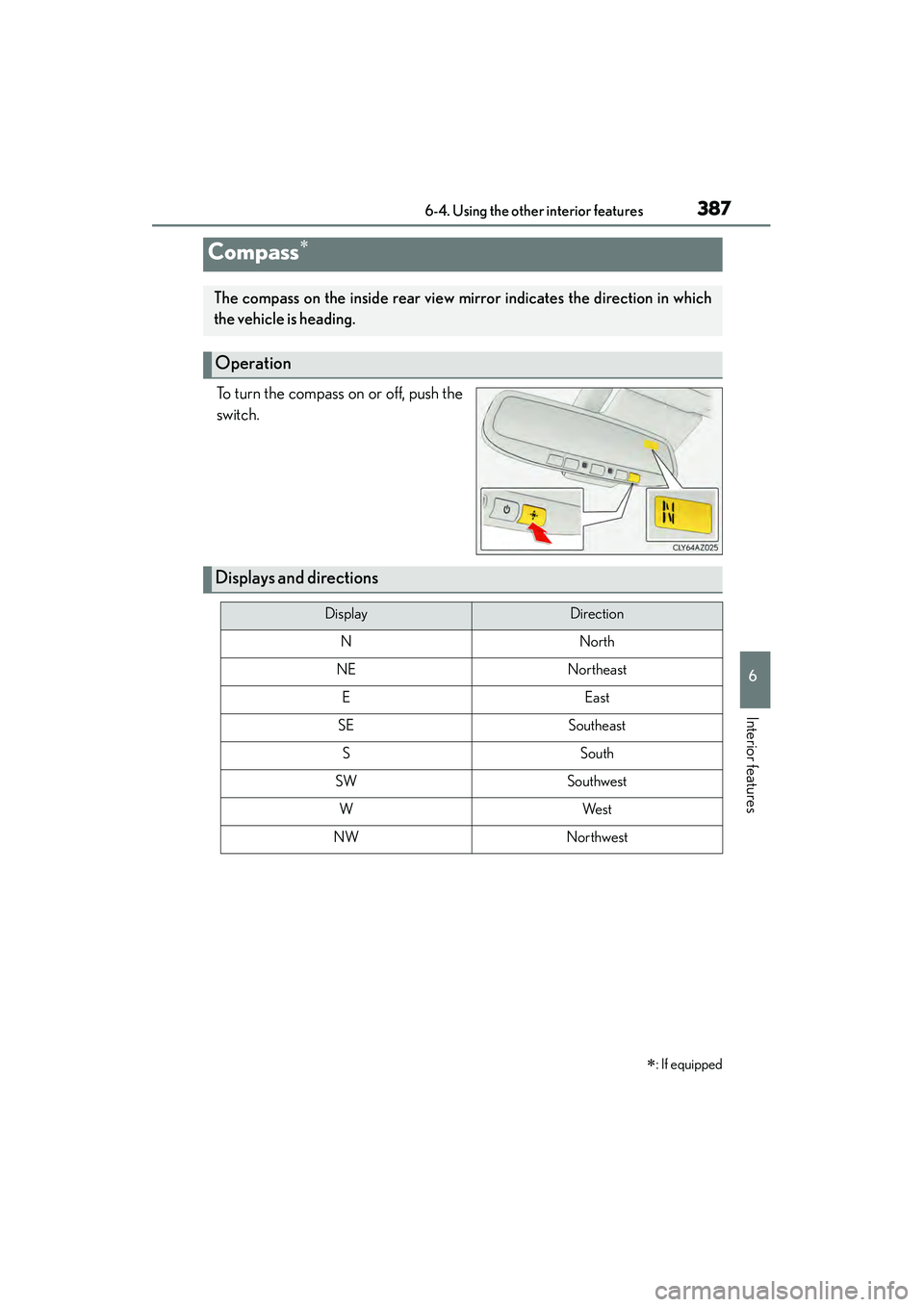 Lexus IS250 2015  Owners Manual 3876-4. Using the other interior features
6
Interior features
IS350/250_U (OM53C50U)
To turn the compass on or off, push the
switch.
Compass∗∗
: If equipped
The compass on the inside rear view mir