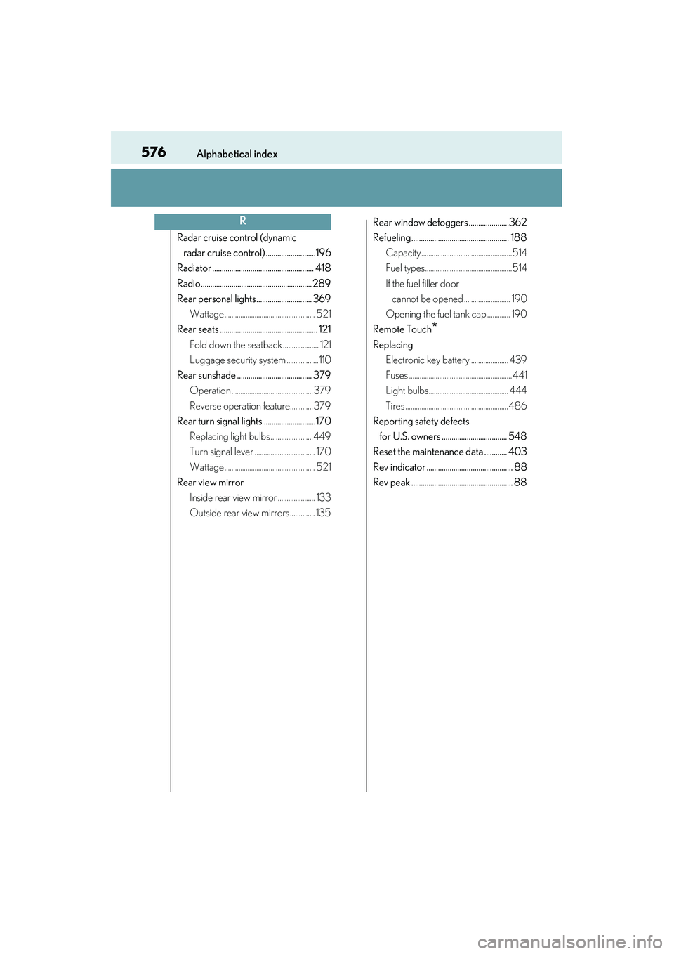 Lexus IS250 2015  Owners Manual 576Alphabetical index
IS350/250_U (OM53C50U)
Radar cruise control (dynamic radar cruise control) ..........................196
Radiator ..................................................... 418
Radio.
