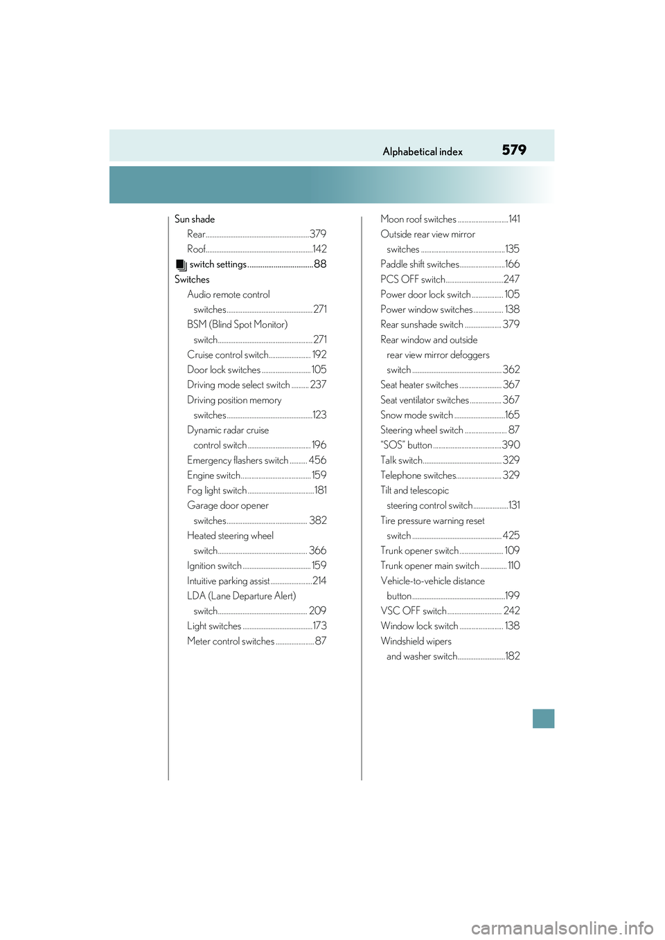 Lexus IS250 2015 Workshop Manual 579Alphabetical index
IS350/250_U (OM53C50U)
Sun shadeRear...........................................................379
Roof.............................................................142 switch set