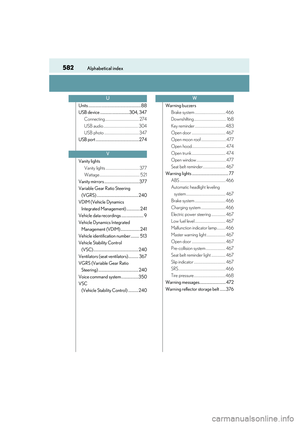 Lexus IS250 2015 Workshop Manual 582Alphabetical index
IS350/250_U (OM53C50U)
Units .............................................................. 88
USB device ..................................304, 347Connecting ...................