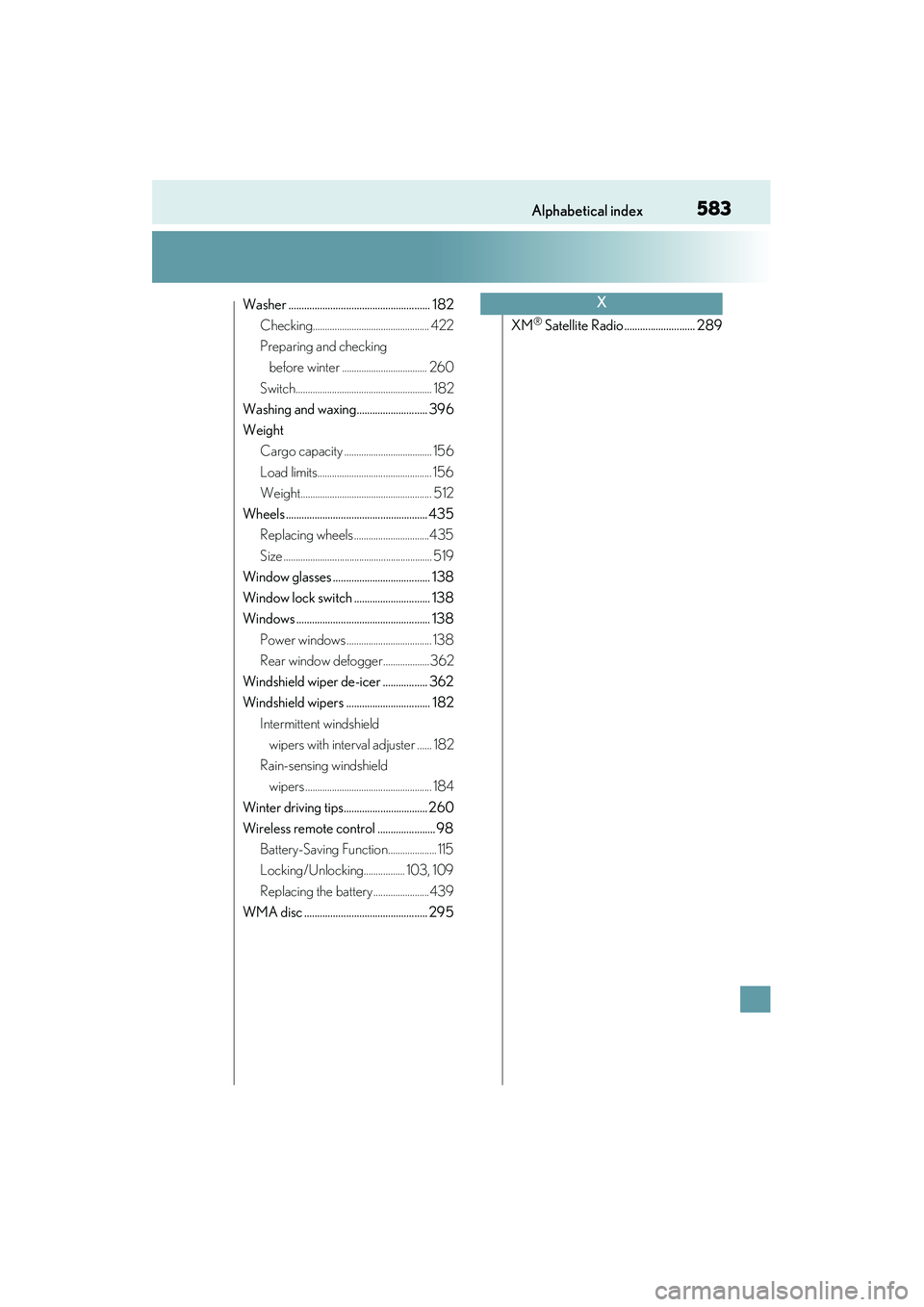 Lexus IS250 2015 Manual PDF 583Alphabetical index
IS350/250_U (OM53C50U)
Washer ...................................................... 182Checking................................................ 422
Preparing and checking before