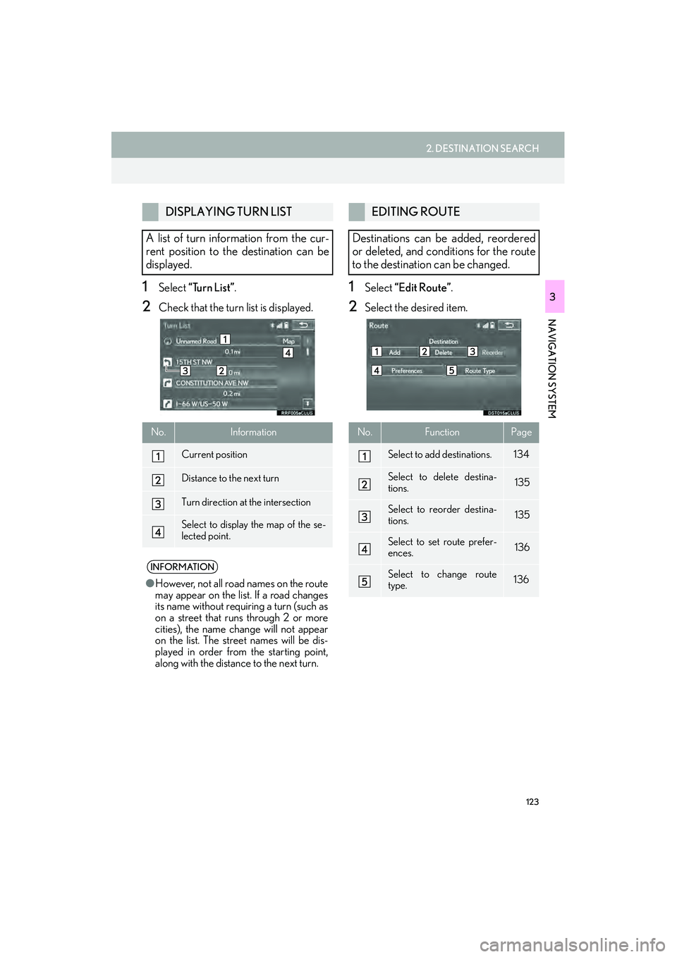 Lexus IS250 2015 Navigation Manual 123
2. DESTINATION SEARCH
IS250/350_Navi_U
NAVIGATION SYSTEM
31Select “Turn List” .
2Check that the turn list is displayed.
1Select “Edit Route”.
2Select the desired item.
DISPLAYING TURN LIST Lexus IS250 2015 Navigation Manual 123
2. DESTINATION SEARCH
IS250/350_Navi_U
NAVIGATION SYSTEM
31Select “Turn List” .
2Check that the turn list is displayed.
1Select “Edit Route”.
2Select the desired item.
DISPLAYING TURN LIST
