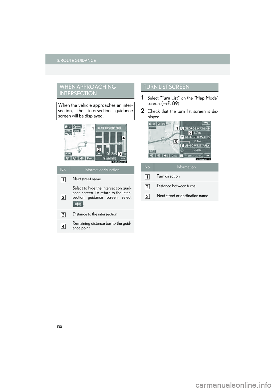 Lexus IS250 2015  Navigation Manual 130
3. ROUTE GUIDANCE
IS250/350_Navi_U
1Select “Turn List”  on the “Map Mode”
screen. ( →P. 89)
2Check that the turn list screen is dis-
played.
WHEN APPROACHING 
INTERSECTION
When the vehic