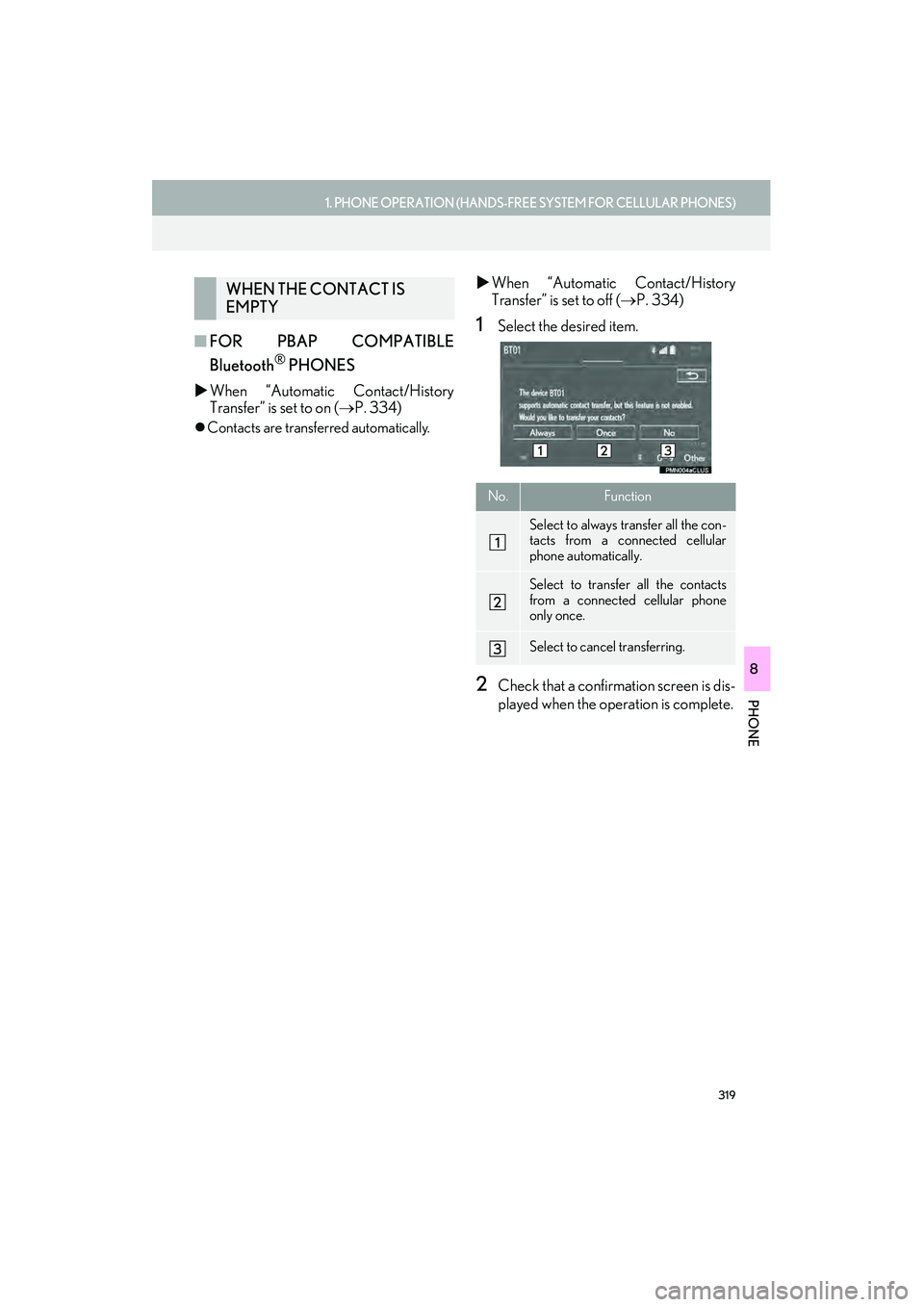 Lexus IS250 2015  Navigation Manual 319
1. PHONE OPERATION (HANDS-FREE SYSTEM FOR CELLULAR PHONES)
PHONE
IS250/350_Navi_U
8
■FOR PBAP COMPATIBLE
Bluetooth
® PHONES
�X When “Automatic Contact/History
Transfer” is set to on ( →P.