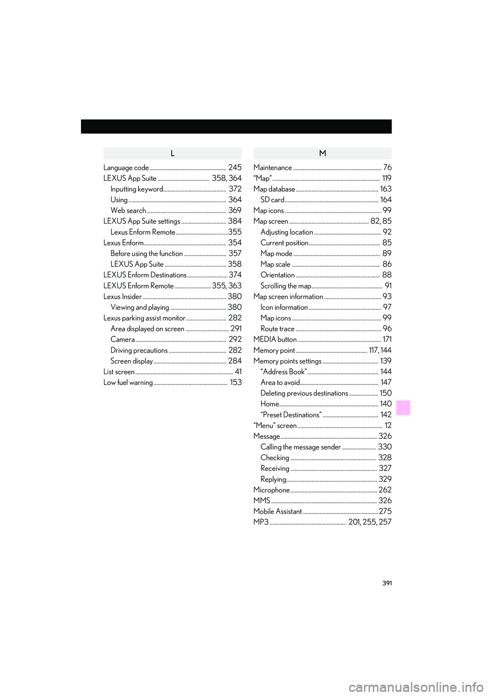 Lexus IS250 2015 Navigation Manual 391
IS250/350_Navi_U
L
Language code ....................................................... 245
LEXUS App Suite ..................................... 358, 364Inputting keyword...................... Lexus IS250 2015 Navigation Manual 391
IS250/350_Navi_U
L
Language code ....................................................... 245
LEXUS App Suite ..................................... 358, 364Inputting keyword......................