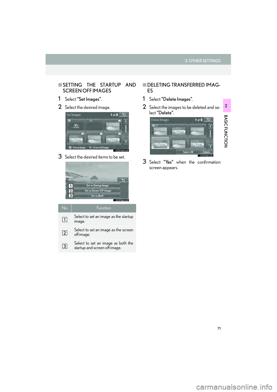Lexus IS250 2015  Navigation Manual 71
3. OTHER SETTINGS
IS250/350_Navi_U
BASIC FUNCTION
2
■SETTING THE STARTUP AND
SCREEN OFF IMAGES
1Select  “Set Images”.
2Select the desired image.
3Select the desired items to be set.
■DELETI