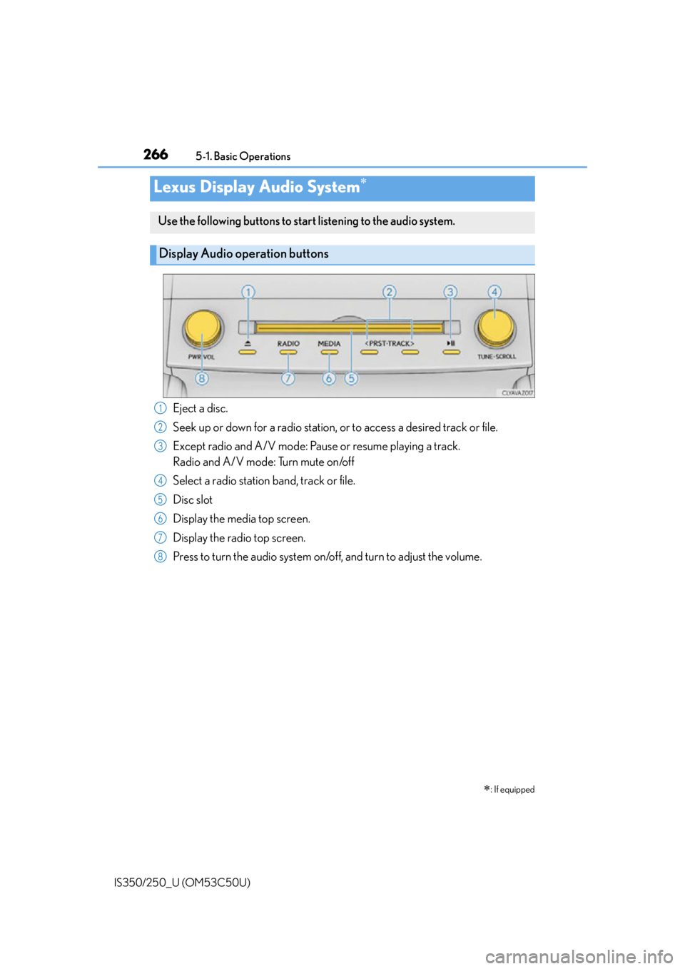 Lexus IS250 2015  Maintenance data (fuel, oil level, etc.) / LEXUS 2015 IS250/350 OWNERS MANUAL (OM53C50U) 266
IS350/250_U (OM53C50U)5-1. Basic Operations
Lexus Display Audio System

: If equipped
Use the following buttons to start listening to the audio system.
Display Audio operation buttons
Eject 