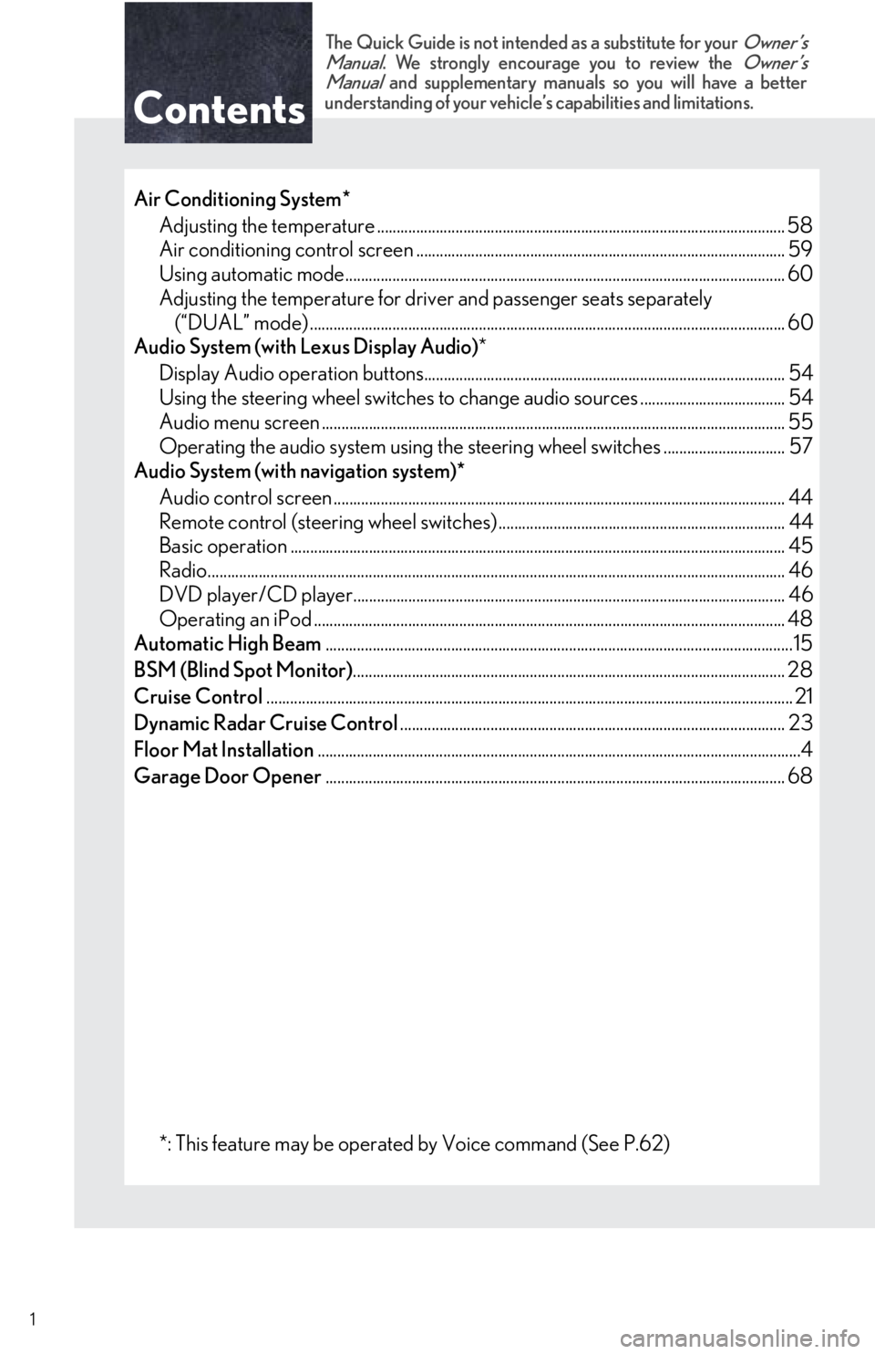 Lexus IS250 2015  Maintenance data (fuel, oil level, etc.) / LEXUS 2015 IS250,IS350 OWNERS MANUAL QUICK GUIDE (OM53C80U) Contents
The Quick Guide is not intended as a substitute for your Owner’s
Manual. We strongly encourage you to review the Owner’s
Manual and supplementary manual s so you will have a better
unders