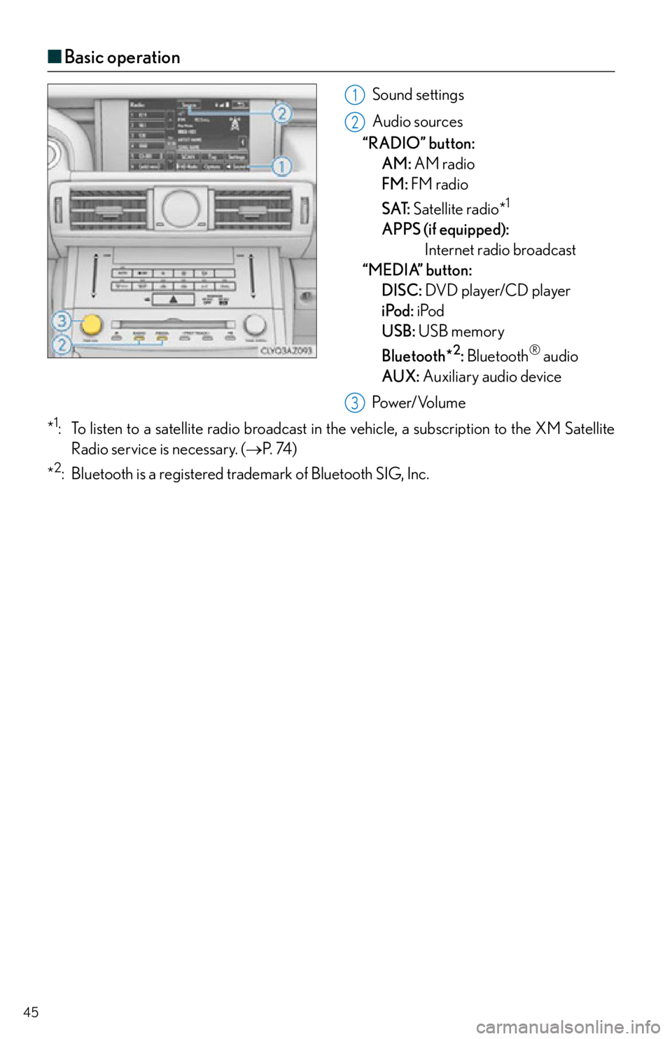 Lexus IS250 2015 RADIO OPERATION / LEXUS 2015 IS250,IS350 OWNERS MANUAL QUICK GUIDE (OM53C80U) 45
■Basic operation
Sound settings
Audio sources
“RADIO” button:
AM: AM
radio
FM: FM radio
SAT: Satellite radio*
1
APPS (if equipped):
Internet radio broadcast
“MEDIA” button:
DISC: Lexus IS250 2015 RADIO OPERATION / LEXUS 2015 IS250,IS350 OWNERS MANUAL QUICK GUIDE (OM53C80U) 45
■Basic operation
Sound settings
Audio sources
“RADIO” button:
AM: AM
radio
FM: FM radio
SAT: Satellite radio*
1
APPS (if equipped):
Internet radio broadcast
“MEDIA” button:
DISC:
