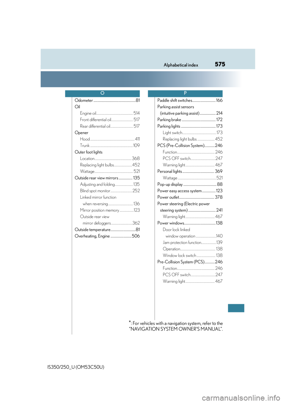 Lexus IS250 2015  Bluetooth settings / LEXUS 2015 IS250/350 OWNERS MANUAL (OM53C50U) 575Alphabetical index
IS350/250_U (OM53C50U)
Odometer ....................................................81
OilEngine oil................................................. 514
Front differential oil..