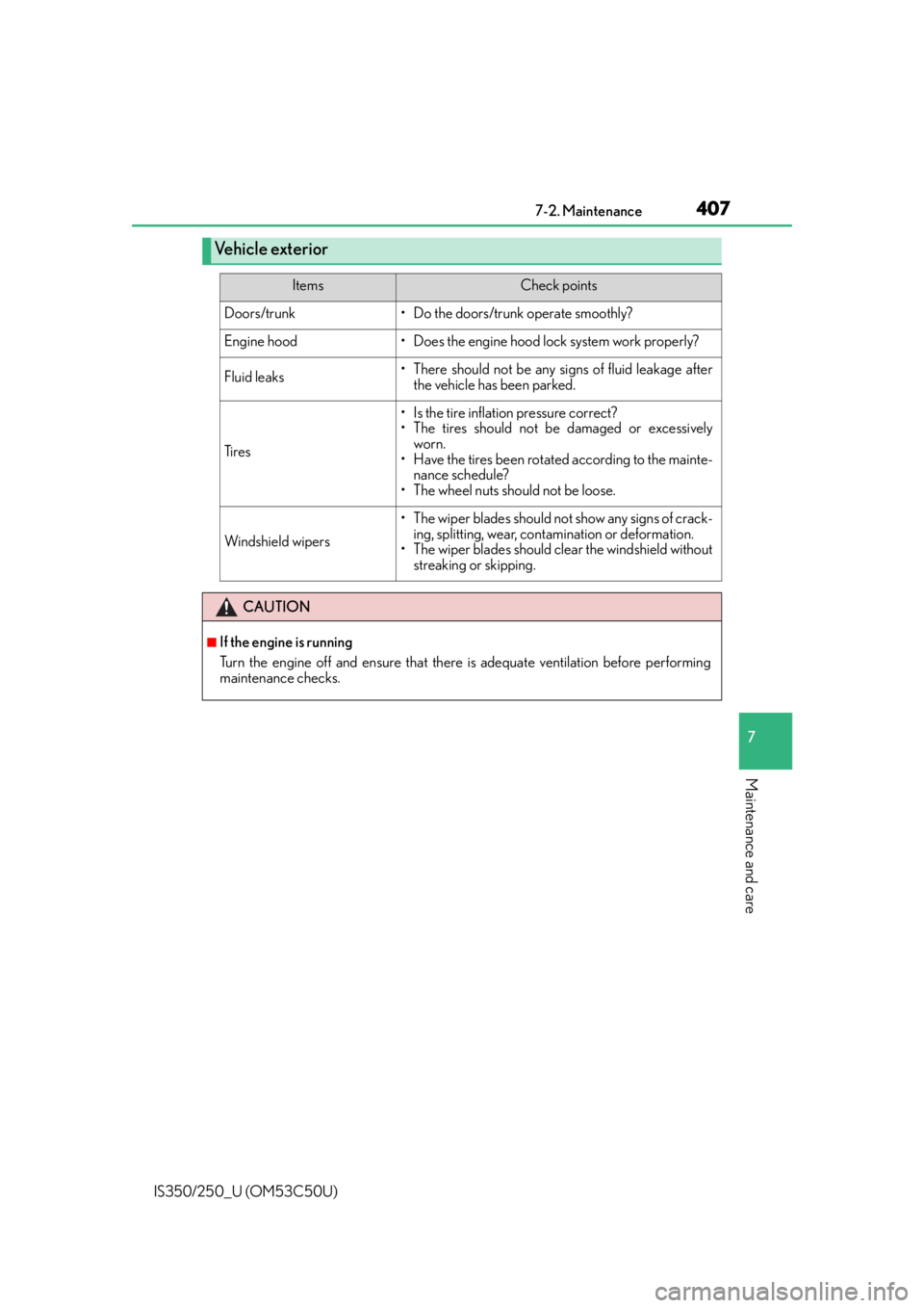 Lexus IS250 2015  INTUITIVE PARKING ASSIST / LEXUS 2015 IS250/350 OWNERS MANUAL (OM53C50U) 4077-2. Maintenance
7
Maintenance and care
IS350/250_U (OM53C50U)
Vehicle exterior
ItemsCheck points
Doors/trunk• Do the doors/trunk operate smoothly?
Engine hood• Does the engine hood lock system