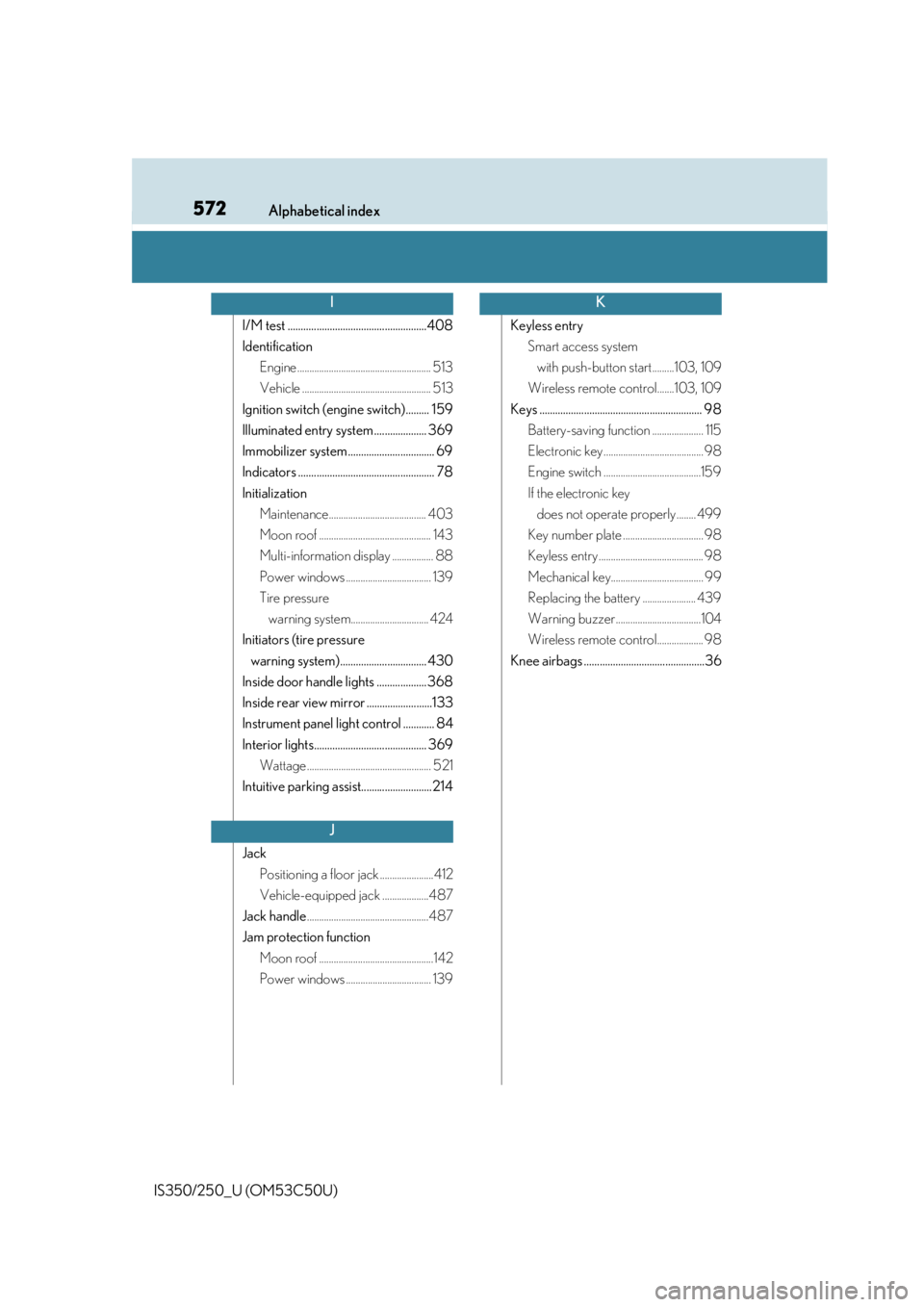 Lexus IS250 2015  INTUITIVE PARKING ASSIST / LEXUS 2015 IS250/350 OWNERS MANUAL (OM53C50U) 572Alphabetical index
IS350/250_U (OM53C50U)
I/M test .....................................................408
IdentificationEngine ....................................................... 513
Vehicle 