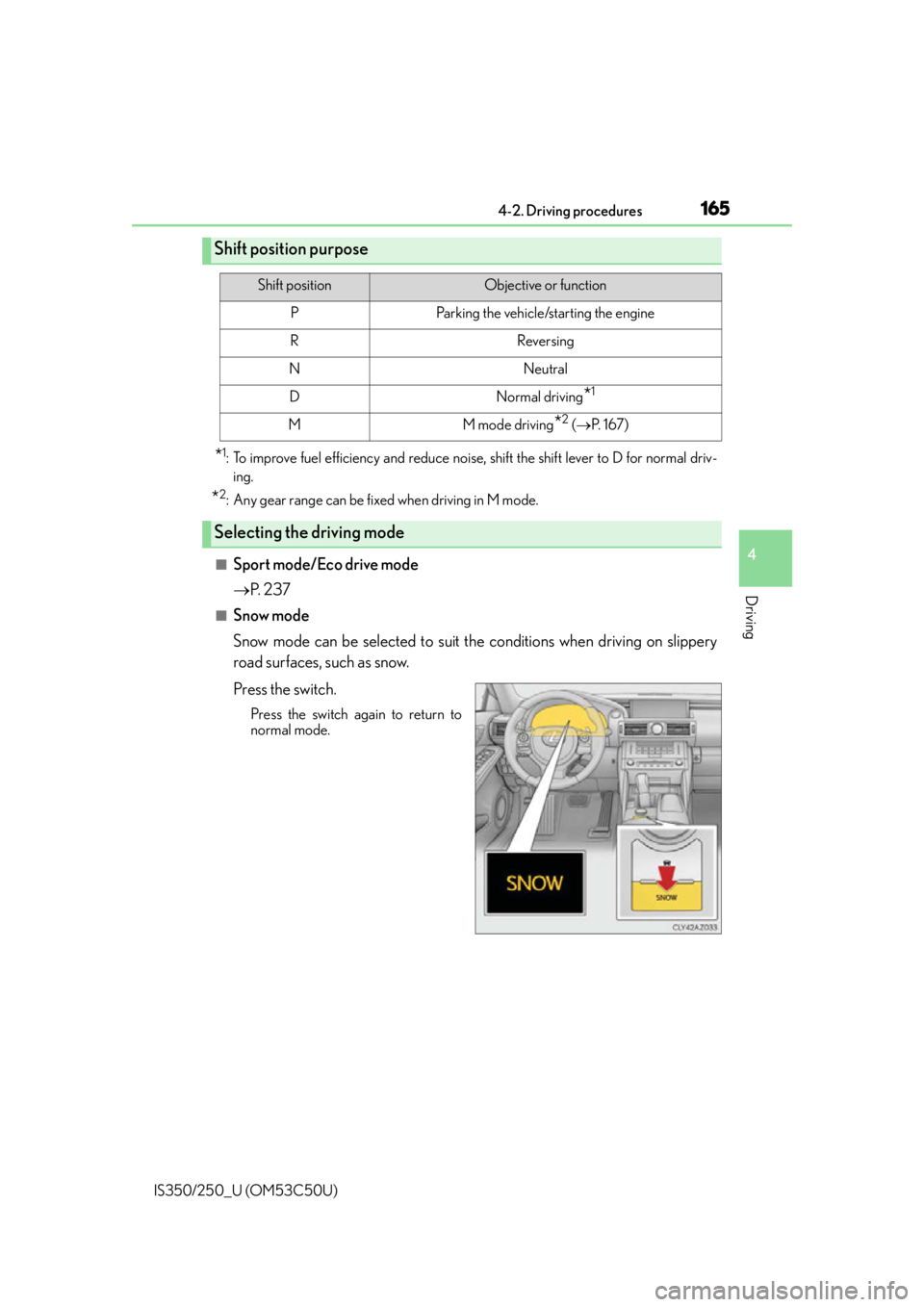 Lexus IS250 2015 TIPS FOR THE NAVIGATION SYSTEM / LEXUS 2015 IS250/350 (OM53C50U) Repair Manual 1654-2. Driving procedures
4
Driving
IS350/250_U (OM53C50U)
*1: To improve fuel efficiency and reduce noise, shift the shift lever to D for normal driv-
ing.
*2: Any gear range can be fixed when drivi Lexus IS250 2015 TIPS FOR THE NAVIGATION SYSTEM / LEXUS 2015 IS250/350 (OM53C50U) Repair Manual 1654-2. Driving procedures
4
Driving
IS350/250_U (OM53C50U)
*1: To improve fuel efficiency and reduce noise, shift the shift lever to D for normal driv-
ing.
*2: Any gear range can be fixed when drivi