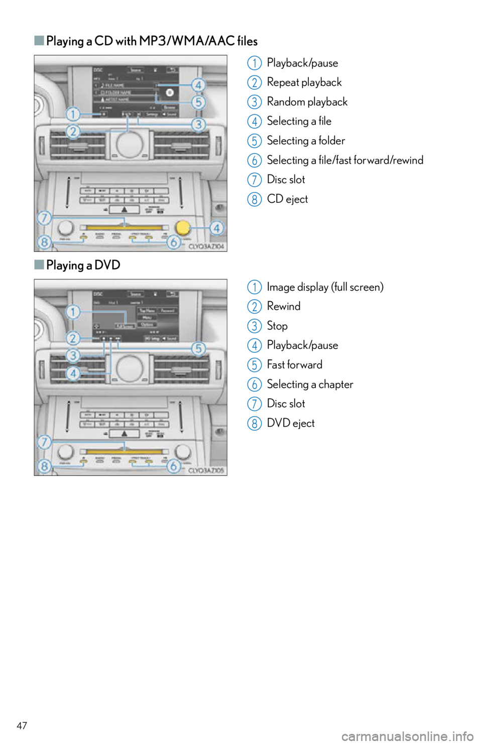 Lexus IS250 2015  Radio operation / LEXUS 2015 IS250,IS350  QUICK GUIDE (OM53C80U) Service Manual 47
■Playing a CD with MP3/WMA/AAC files
Playback/pause
Repeat playback
Random playback
Selecting a file
Selecting a folder
Selecting a file/fast forward/rewind
Disc slot
CD eject
■Playing a DVD 
I