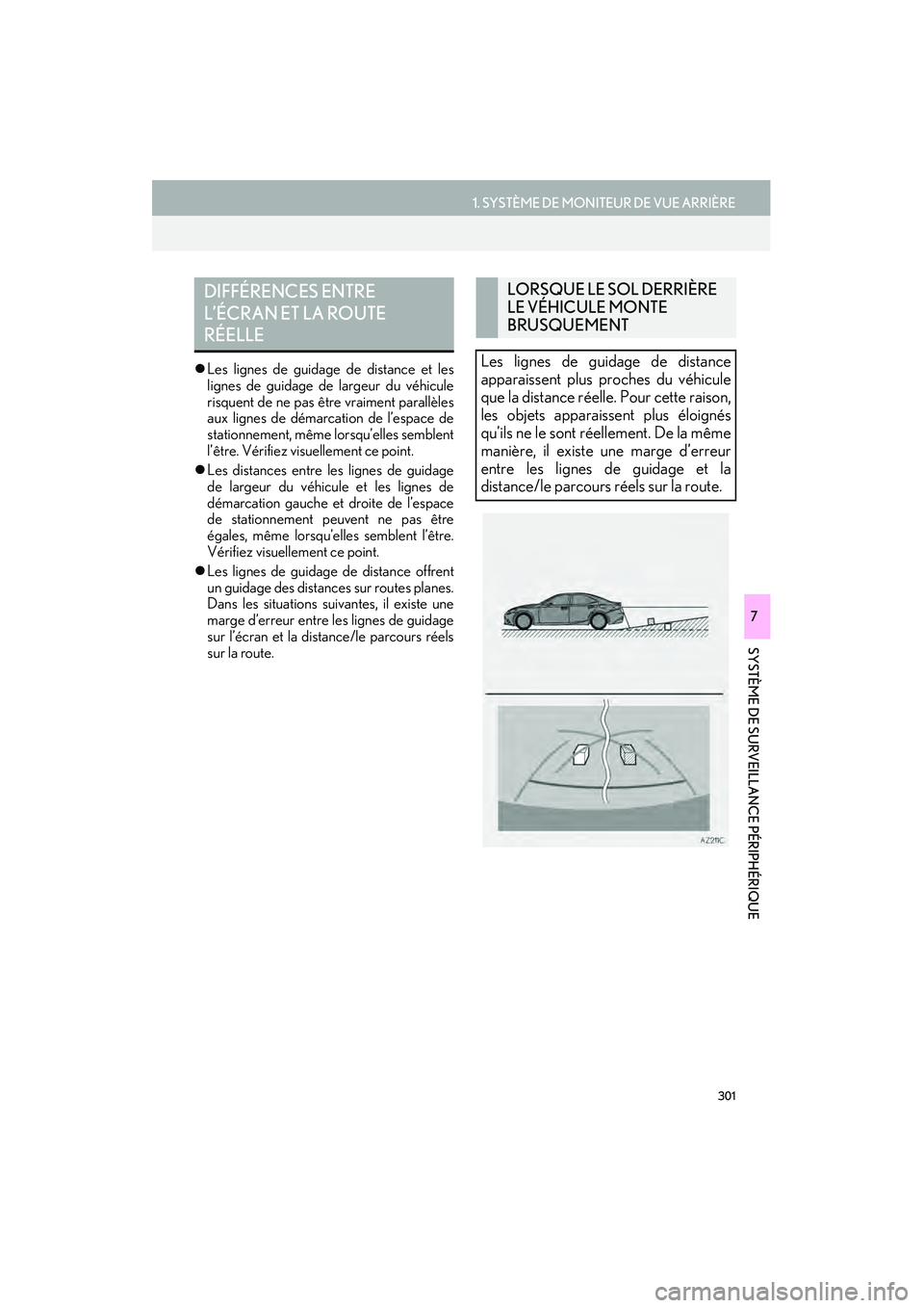 Lexus IS250 2015  Manuel du propriétaire (in French) / Système de navigation manuel du propriétaire - IS 250, IS 350 301
1. SYSTÈME DE MONITEUR DE VUE ARRIÈRE
IS250/350_Navi_D
SYSTÈME DE SURVEILLANCE PÉRIPHÉRIQUE
7
�zLes lignes de guidage de distance et les
lignes de guidage de largeur du véhicule
risquent de 