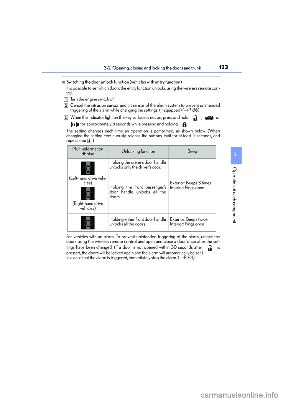 Lexus IS250 2014 User Guide 1233-2. Opening, closing and locking the doors and trunk
3
Operation of each component
IS250_EE(OM53C51E)
■Switching the door unlock function (vehicles with entry function)
It is possible to set whi Lexus IS250 2014 User Guide 1233-2. Opening, closing and locking the doors and trunk
3
Operation of each component
IS250_EE(OM53C51E)
■Switching the door unlock function (vehicles with entry function)
It is possible to set whi