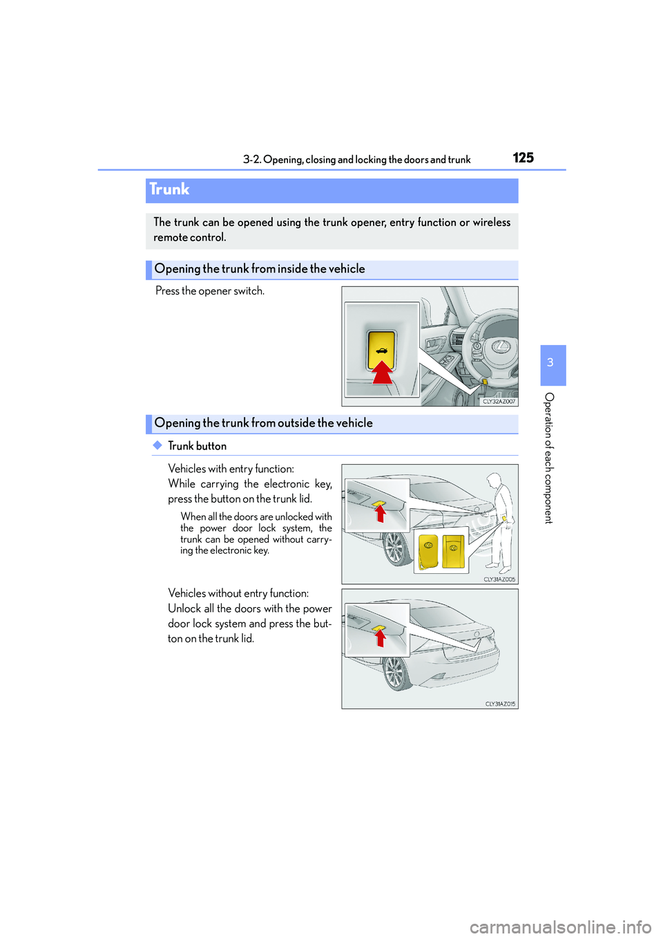Lexus IS250 2014 User Guide 1253-2. Opening, closing and locking the doors and trunk
3
Operation of each component
IS250_EE(OM53C51E)
Press the opener switch.
◆Trunk button
Vehicles with entry function: 
While carrying the ele