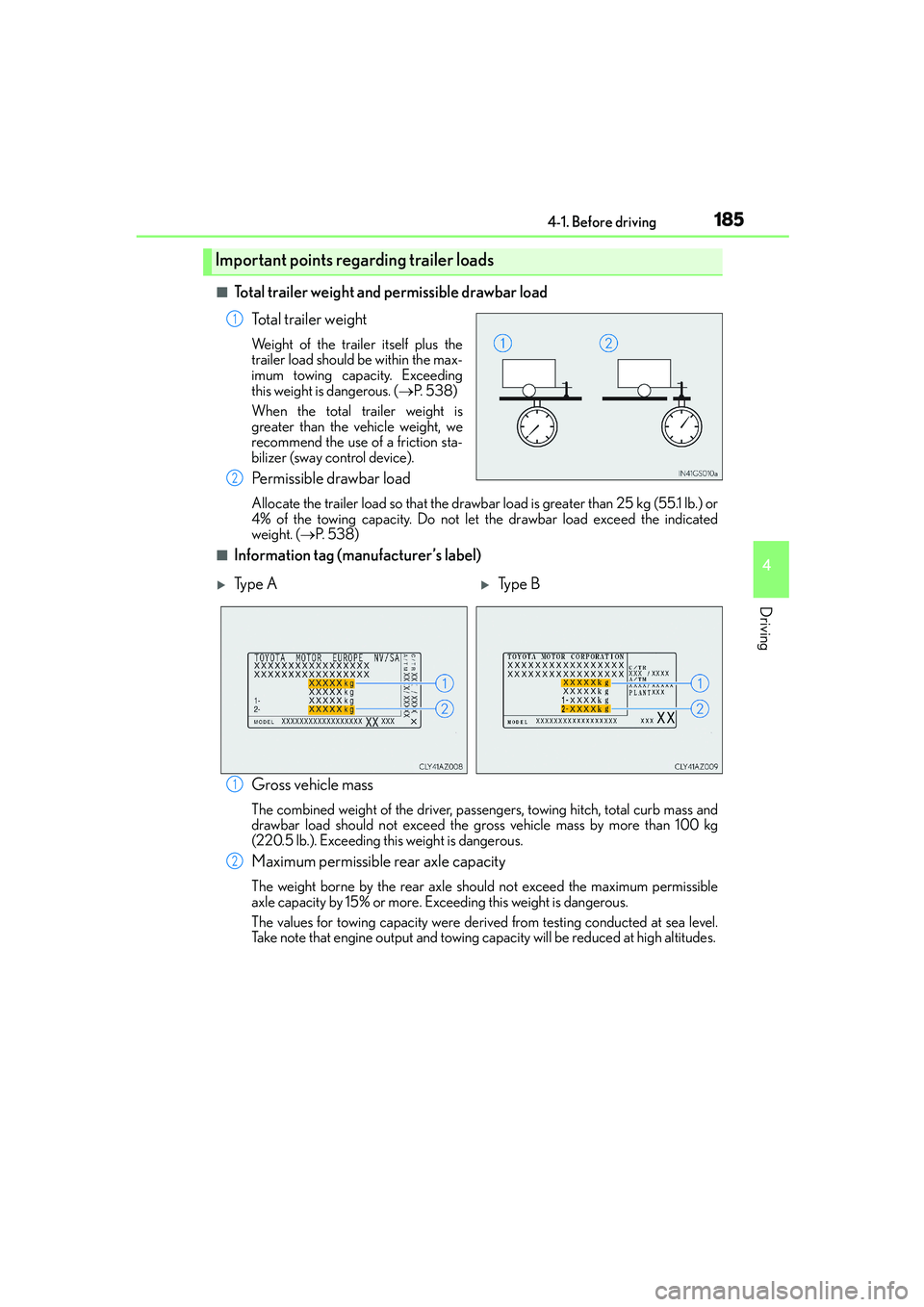 Lexus IS250 2014  Owners Manual 1854-1. Before driving
4
Driving
IS250_EE(OM53C51E)
■Total trailer weight and permissible drawbar load
Total trailer weight
Weight of the trailer itself plus the
trailer load should be within the ma