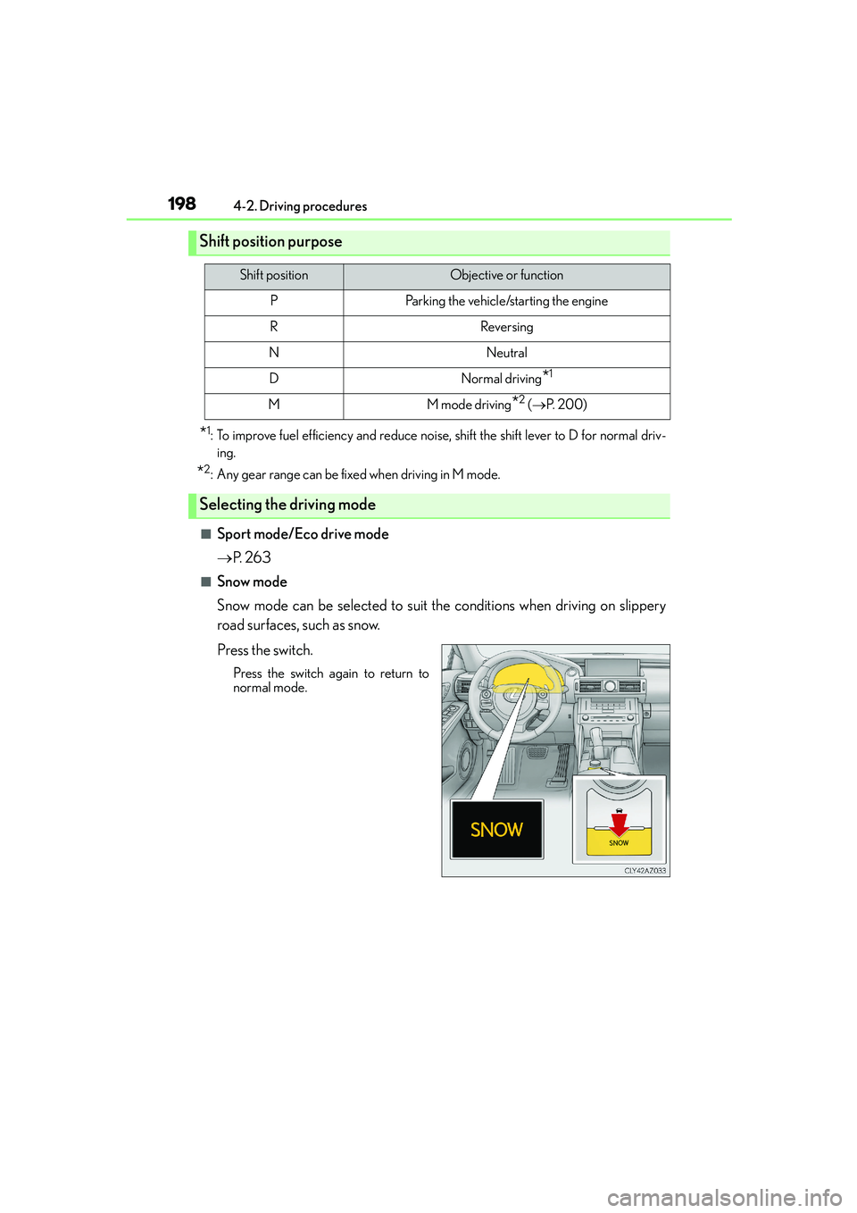 Lexus IS250 2014 Repair Manual 1984-2. Driving procedures
IS250_EE(OM53C51E)
*1: To improve fuel efficiency and reduce noise, shift the shift lever to D for normal driv-
ing.
*2: Any gear range can be fixed when driving in M mode.
Lexus IS250 2014 Repair Manual 1984-2. Driving procedures
IS250_EE(OM53C51E)
*1: To improve fuel efficiency and reduce noise, shift the shift lever to D for normal driv-
ing.
*2: Any gear range can be fixed when driving in M mode.