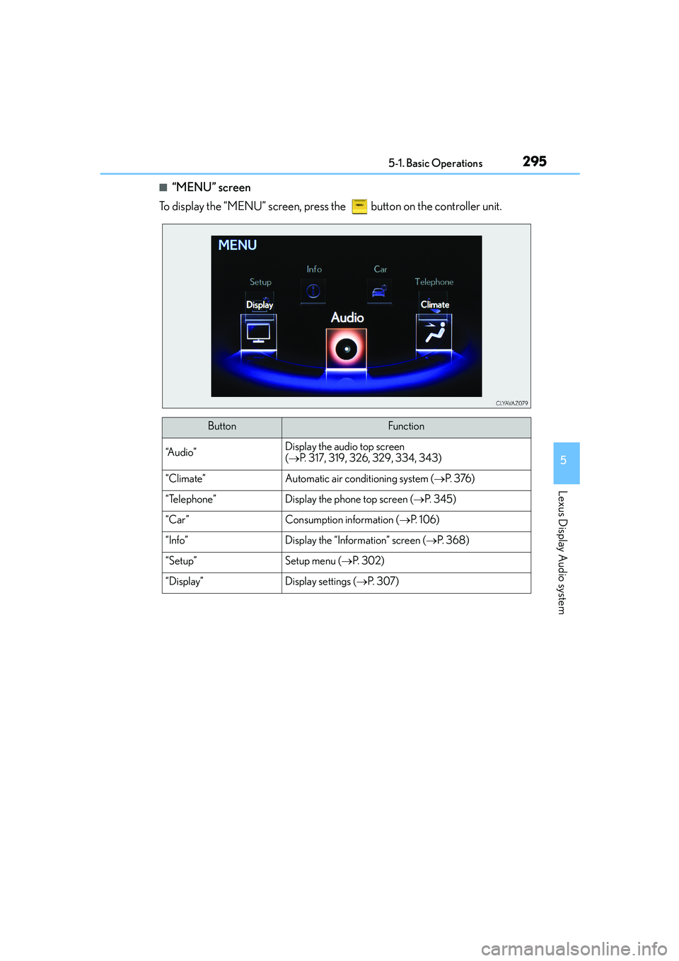 Lexus IS250 2014 Owners Manual 2955-1. Basic Operations
5
Lexus Display Audio system
IS250_EE(OM53C51E)
■“MENU” screen
To display the “MENU” screen, press the button on the controller unit.
ButtonFunction
“A u d i o Lexus IS250 2014 Owners Manual 2955-1. Basic Operations
5
Lexus Display Audio system
IS250_EE(OM53C51E)
■“MENU” screen
To display the “MENU” screen, press the button on the controller unit.
ButtonFunction
“A u d i o