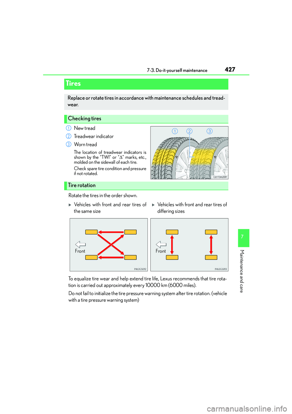 Lexus IS250 2014 Owners Manual 4277-3. Do-it-yourself maintenance
7
Maintenance and care
IS250_EE(OM53C51E)
New tread
Treadwear indicator
Wo r n t r e a d
The location of treadwear indicators is
shown by the “TWI” or “∆” Lexus IS250 2014 Owners Manual 4277-3. Do-it-yourself maintenance
7
Maintenance and care
IS250_EE(OM53C51E)
New tread
Treadwear indicator
Wo r n t r e a d
The location of treadwear indicators is
shown by the “TWI” or “∆”
