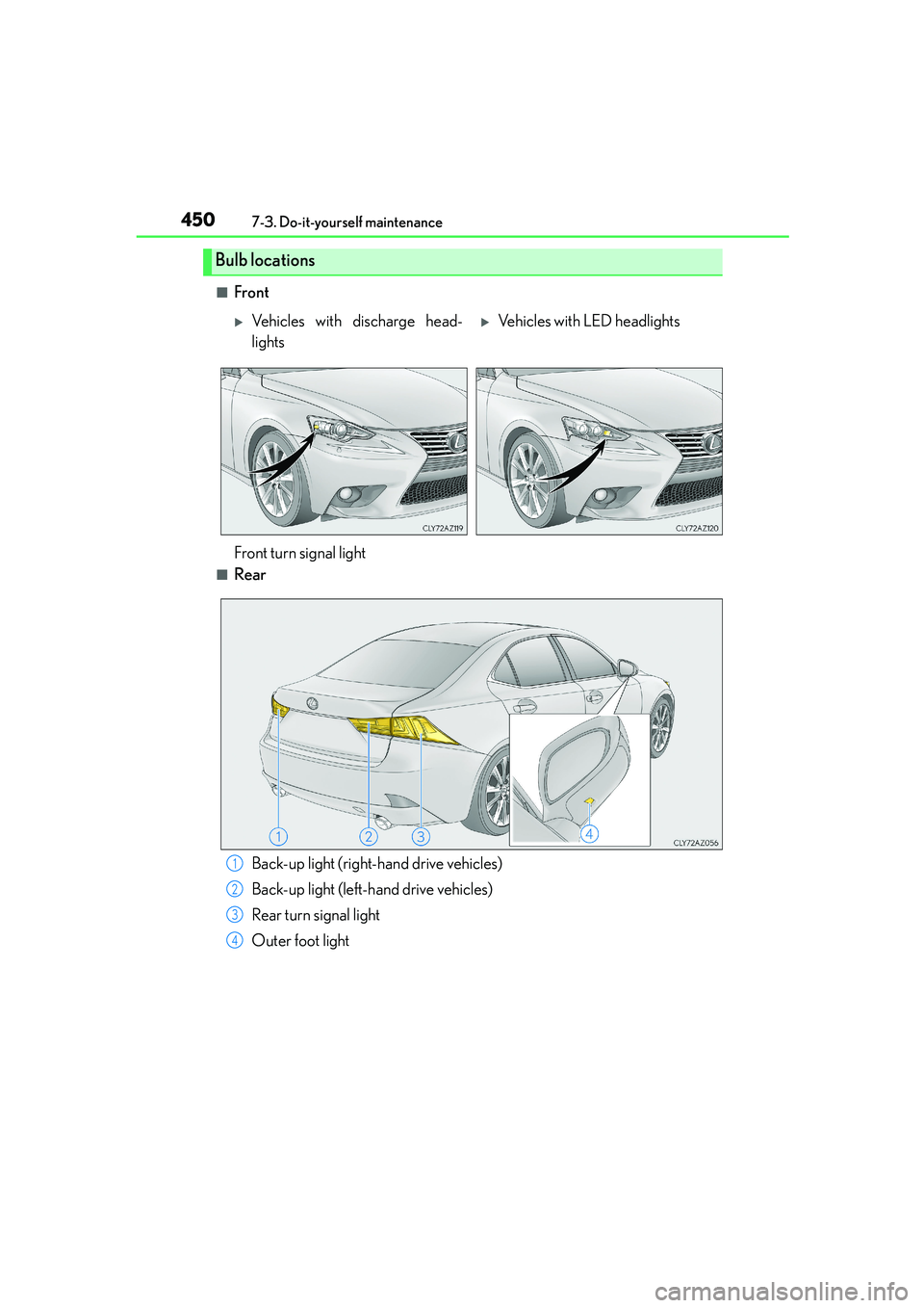 Lexus IS250 2014  Owners Manual 4507-3. Do-it-yourself maintenance
IS250_EE(OM53C51E)
■Front
■Rear
Bulb locations
�XVehicles with discharge head-
lights�XVehicles with LED headlights
Front turn signal light
Back-up light (right-