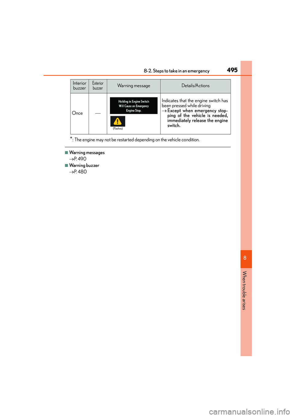 Lexus IS250 2014 Owners Manual 4958-2. Steps to take in an emergency
8
When trouble arises
IS250_EE(OM53C51E)
*: The engine may not be restarted depending on the vehicle condition.
■Warning messages
→P. 4 9 0
■Warning buzzer Lexus IS250 2014 Owners Manual 4958-2. Steps to take in an emergency
8
When trouble arises
IS250_EE(OM53C51E)
*: The engine may not be restarted depending on the vehicle condition.
■Warning messages
→P. 4 9 0
■Warning buzzer