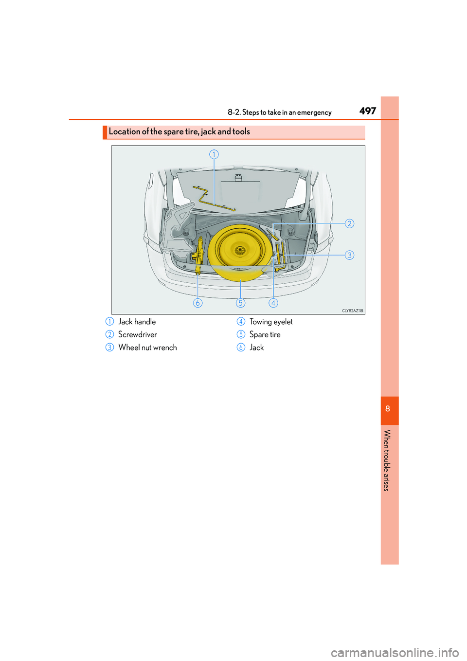 Lexus IS250 2014 Owners Manual 4978-2. Steps to take in an emergency
8
When trouble arises
IS250_EE(OM53C51E)
Location of the spare tire, jack and tools
Jack handle
Screwdriver
Wheel nut wrenchTowing eyelet
Spare tire
Jack1
2
3
4
5 Lexus IS250 2014 Owners Manual 4978-2. Steps to take in an emergency
8
When trouble arises
IS250_EE(OM53C51E)
Location of the spare tire, jack and tools
Jack handle
Screwdriver
Wheel nut wrenchTowing eyelet
Spare tire
Jack1
2
3
4
5