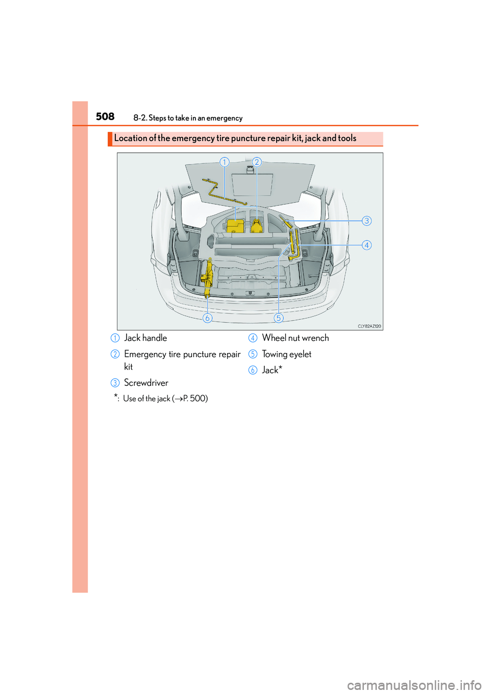 Lexus IS250 2014 Owners Manual 5088-2. Steps to take in an emergency
IS250_EE(OM53C51E)
*: Use of the jack (→P. 500)
Location of the emergency tire puncture repair kit, jack and tools
Jack handle
Emergency tire puncture repair
Lexus IS250 2014 Owners Manual 5088-2. Steps to take in an emergency
IS250_EE(OM53C51E)
*: Use of the jack (→P. 500)
Location of the emergency tire puncture repair kit, jack and tools
Jack handle
Emergency tire puncture repair