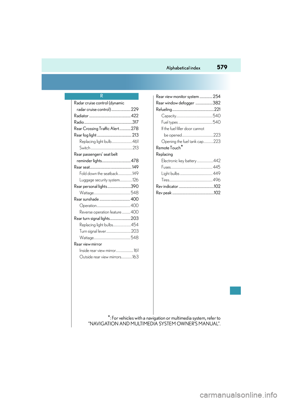 Lexus IS250 2014  Owners Manual 579Alphabetical index
IS250_EE(OM53C51E)
Radar cruise control (dynamic 
radar cruise control) ........................ 229
Radiator .................................................... 422
Radio .....