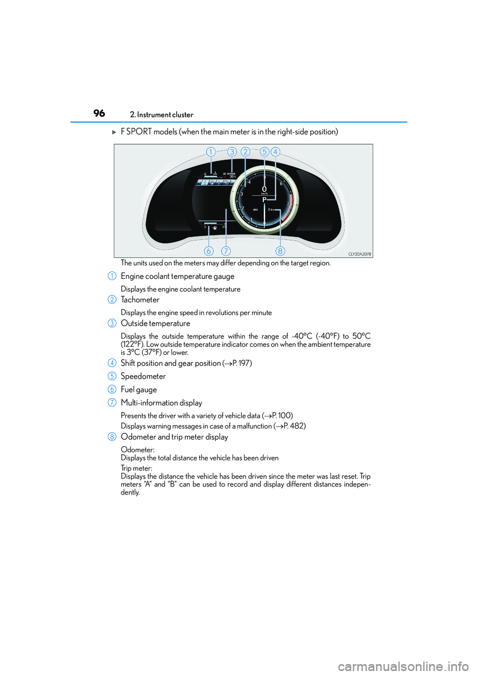 Lexus IS250 2014  Owners Manual 962. Instrument cluster
IS250_EE(OM53C51E)
�XF SPORT models (when the main meter is in the right-side position)
The units used on the meters may differ depending on the target region.
Engine coolant t