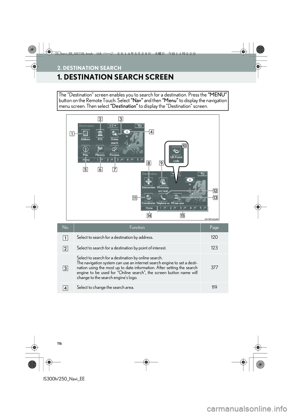 Lexus IS250 2014  Navigation Manual 116
IS300h/250_Navi_EE
2. DESTINATION SEARCH
1. DESTINATION SEARCH SCREEN
The “Destination” screen enables you to search for a destination. Press the “MENU”
button on the Remote Touch. Select 