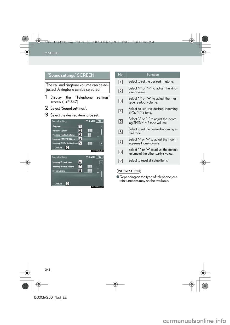 Lexus IS250 2014 Navigation Manual 348
2. SETUP
IS300h/250_Navi_EE
1Display the “Telephone settings”
screen. (→P.347)
2Select “Sound settings”.
3Select the desired item to be set.
“Sound settings” SCREEN
The call and rin Lexus IS250 2014 Navigation Manual 348
2. SETUP
IS300h/250_Navi_EE
1Display the “Telephone settings”
screen. (→P.347)
2Select “Sound settings”.
3Select the desired item to be set.
“Sound settings” SCREEN
The call and rin