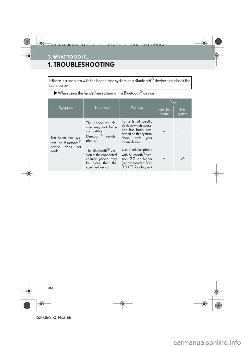Lexus IS250 2014  Navigation Manual 364
IS300h/250_Navi_EE
3. WHAT TO DO IF...
1. TROUBLESHOOTING
�XWhen using the hands-free system with a Bluetooth® device
If there is a problem with the hands-free system or a Bluetooth® device, fir