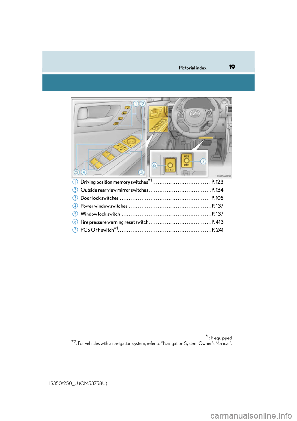 Lexus IS250 2014  Warranty and Services Guide / LEXUS 2014 IS250,IS350 OWNERS MANUAL (OM53758U) 19Pictorial index
IS350/250_U (OM53758U)
Driving position memory switches*1. . . . . . . . . . . . . . . . . . . . . . . . . . . . . . . .  P. 123
Outside rear view mirror switches . . . . . . . . . .