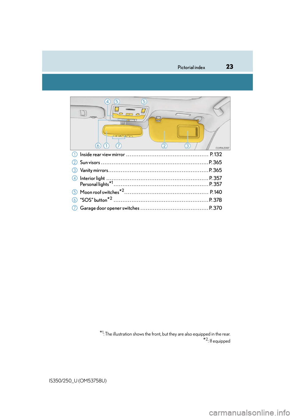 Lexus IS250 2014  Warranty and Services Guide / LEXUS 2014 IS250,IS350 OWNERS MANUAL (OM53758U) 23Pictorial index
IS350/250_U (OM53758U)
Inside rear view mirror  . . . . . . . . . . . . . . . . . . . . . . . . . . . . . . . . . . . . . . . . . . . . . .  P. 132
Sun visors  . . . . . . . . . . . 