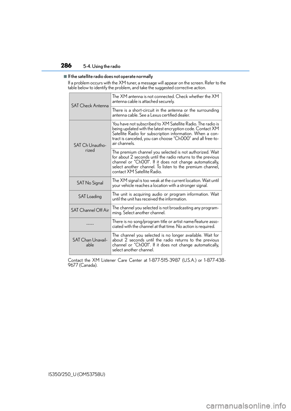 Lexus IS250 2014  Do-it-yourself service precautions / LEXUS 2014 IS250,IS350  (OM53758U) Service Manual 2865-4. Using the radio
IS350/250_U (OM53758U)
■If the satellite radio does not operate normally
If a problem occurs with the XM tuner, a me ssage will appear on the screen. Refer to the
table below