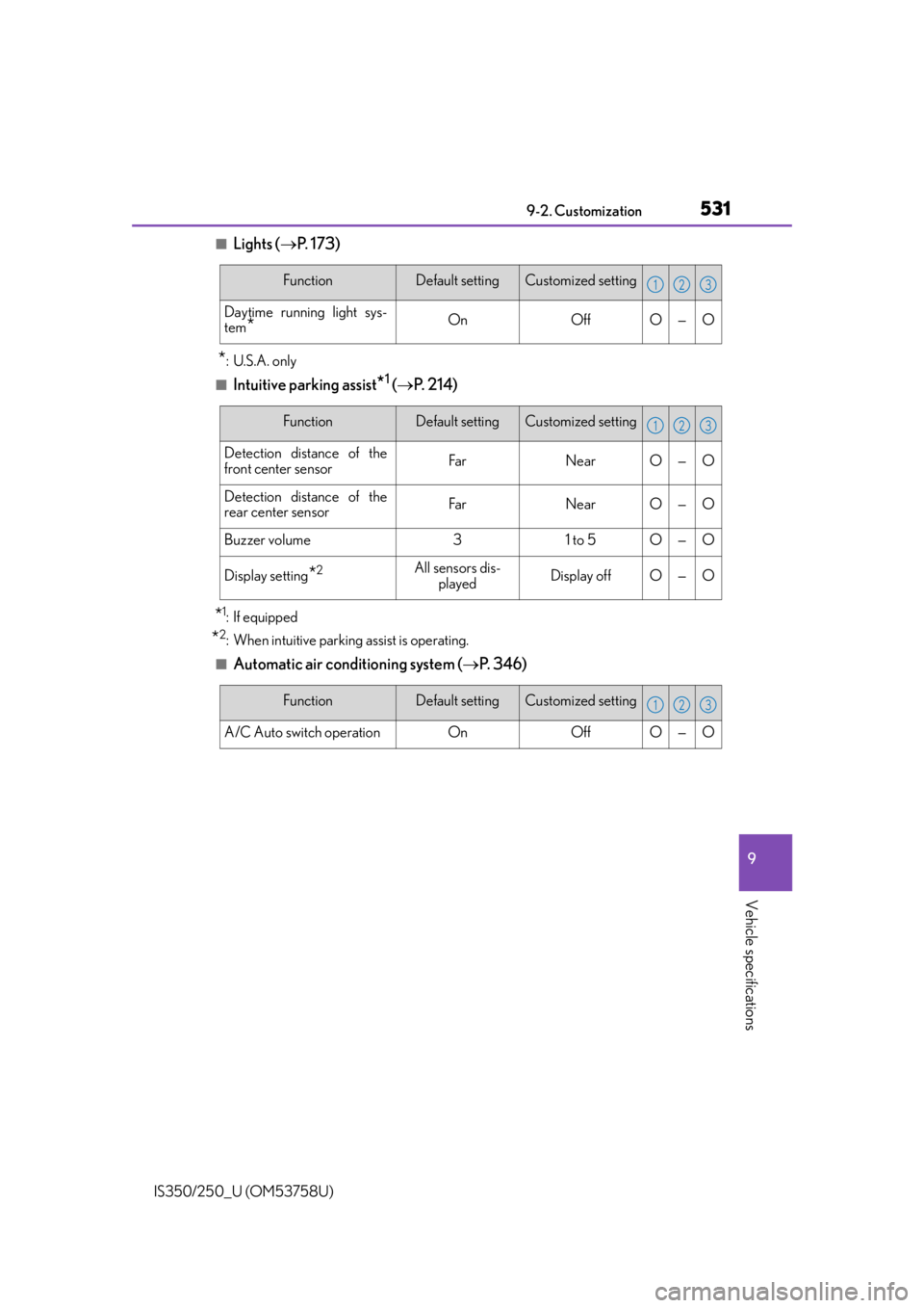 Lexus IS250 2014  Do-it-yourself service precautions / LEXUS 2014 IS250,IS350 OWNERS MANUAL (OM53758U) 5319-2. Customization
9
Vehicle specifications
IS350/250_U (OM53758U)
■Lights (P.  1 7 3 )
*: U.S.A. only
■Intuitive parking assist*1 ( P.  2 1 4 )
*1: If equipped
*2: When intuitive parking