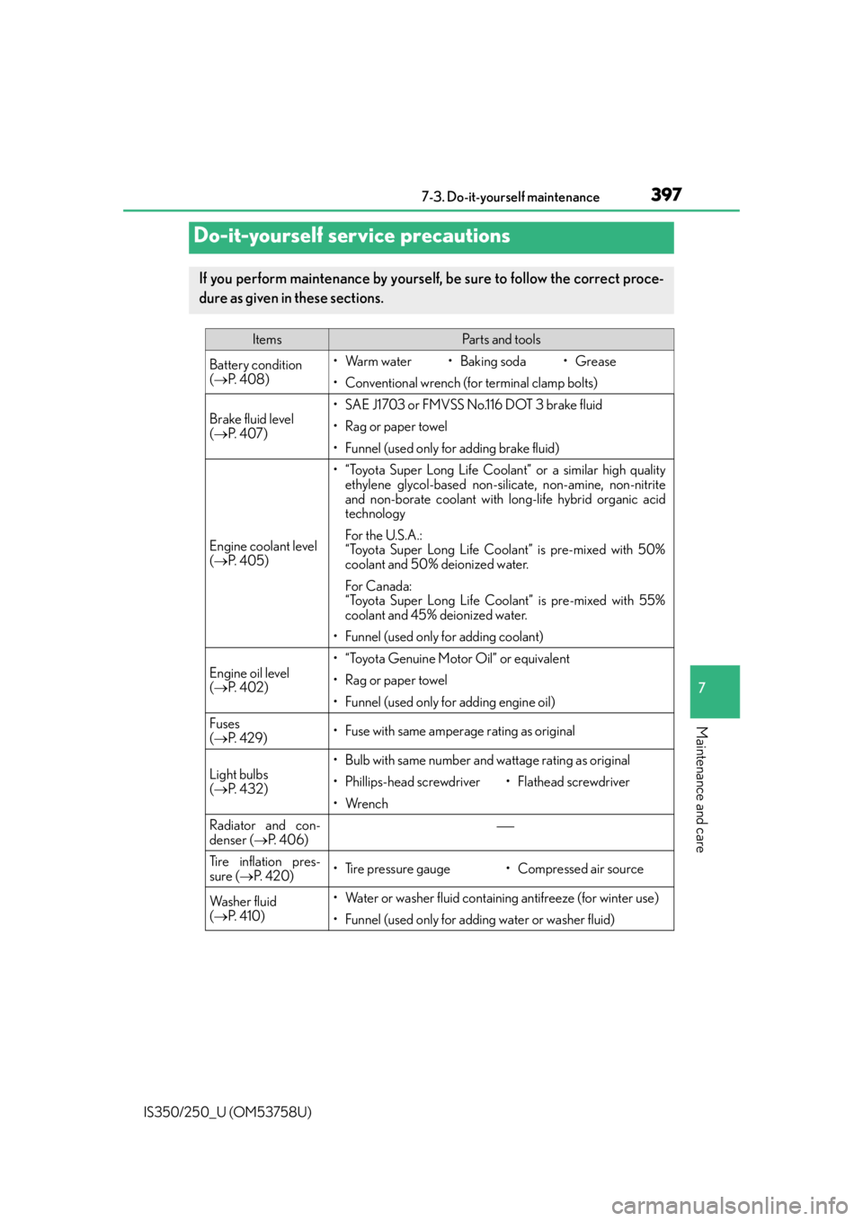 Lexus IS250 2014  Maintenance data (fuel, oil level, etc.) / LEXUS 2014 IS250,IS350 OWNERS MANUAL (OM53758U) 397
IS350/250_U (OM53758U)
7
Maintenance and care
7-3. Do-it-yourself maintenance
Do-it-yourself service precautions
If you perform maintenance by yourself, be sure to follow the correct proce-
dure a