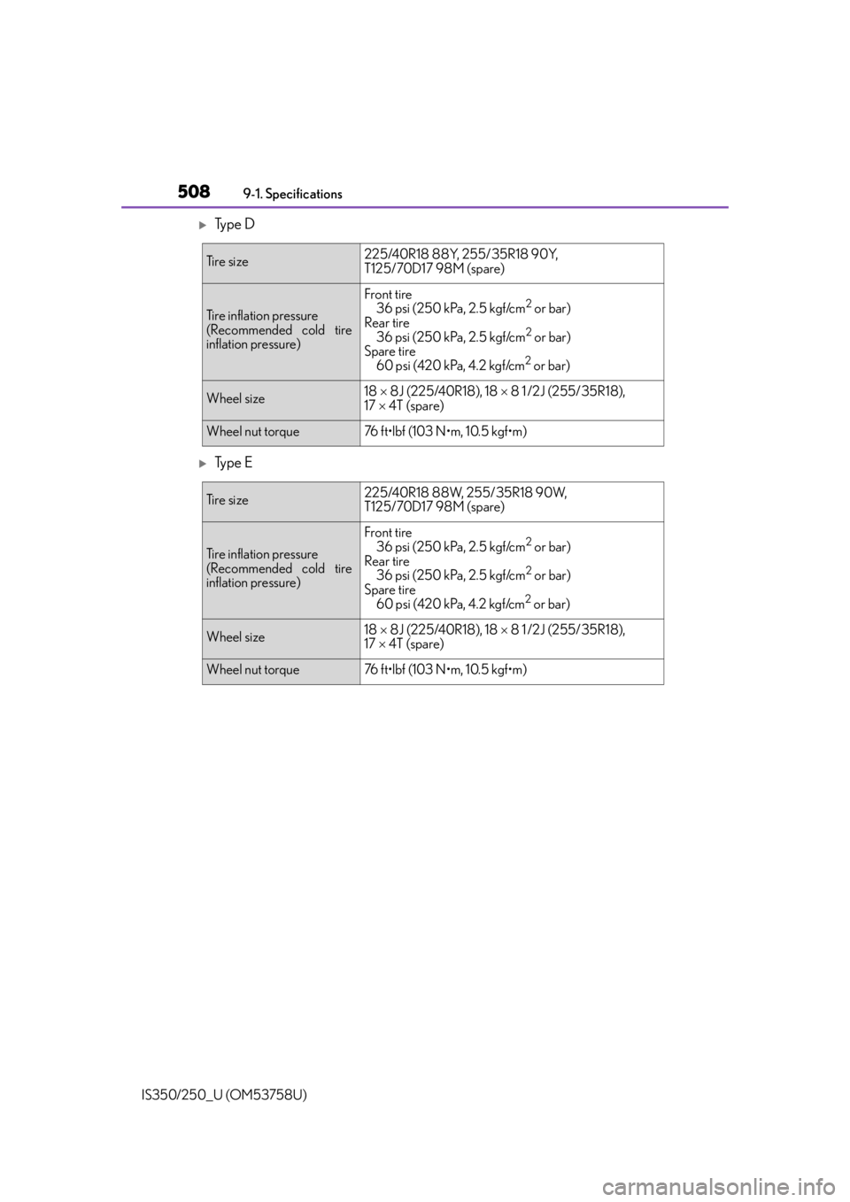 Lexus IS250 2014  Maintenance data (fuel, oil level, etc.) / LEXUS 2014 IS250,IS350 OWNERS MANUAL (OM53758U) 5089-1. Specifications
IS350/250_U (OM53758U)
Ty p e  D
Ty p e  E
Ti r e  s i z e225/40R18 88Y, 255/35R18 90Y, 
T125/70D17 98M (spare)
Tire inflation pressure
(Recommended cold tire
inflation pr