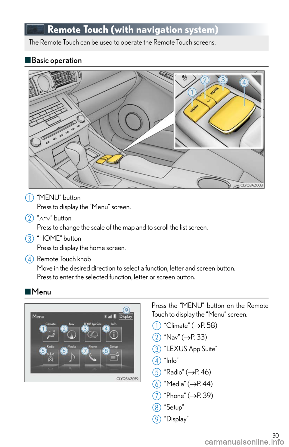 Lexus IS250 2014  Maintenance data (fuel, oil level, etc.) / LEXUS 2014 IS250,IS350 QUICK GUIDE  (OM53B33U) Owners Manual 30
Remote Touch (with navigation system)
■Basic operation
“MENU” button
Press to display the “Menu” screen.
“•” button
Press to change the scale of the map and to scroll the list