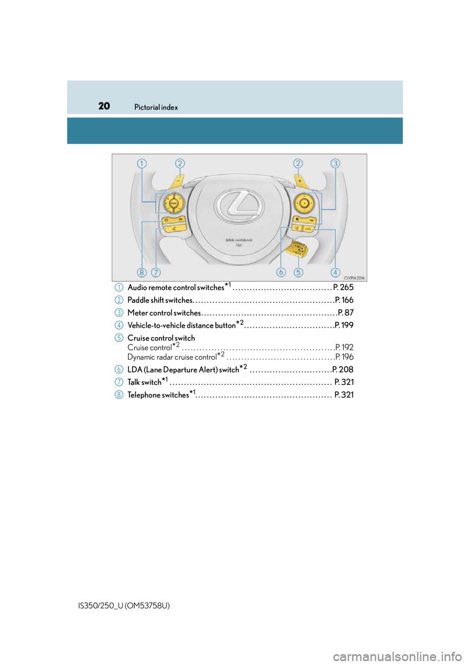 Lexus IS250 2014  Bluetooth settings / LEXUS 2014 IS250,IS350 OWNERS MANUAL (OM53758U) 20Pictorial index
IS350/250_U (OM53758U)
Audio remote control switches*1 . . . . . . . . . . . . . . . . . . . . . . . . . . . . . . . . . . . P. 265
Paddle shift switches. . . . . . . . . . . . . . .