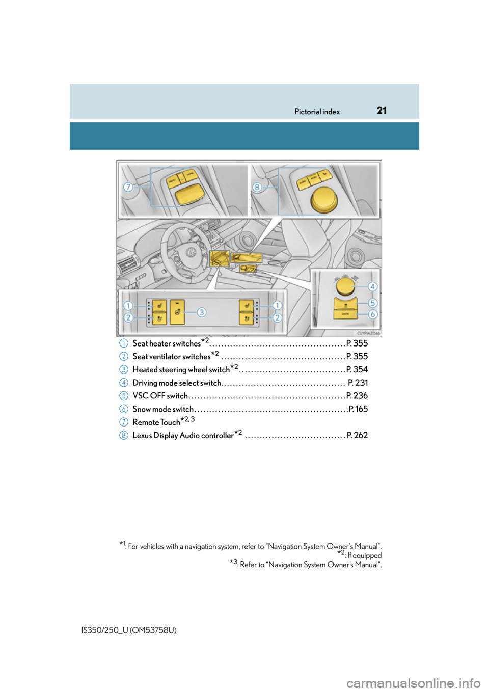 Lexus IS250 2014  2014-2015 IS250/350 TVIP V4 Remote Engine Starter (RES) Owners G / LEXUS 2014 IS250,IS350  (OM53758U) Owners Manual 21Pictorial index
IS350/250_U (OM53758U)
Seat heater switches*2. . . . . . . . . . . . . . . . . . . . . . . . . . . . . . . . . . . . . . . . . . . . . . P. 355
Seat ventilator switches
*2 . . . . . 