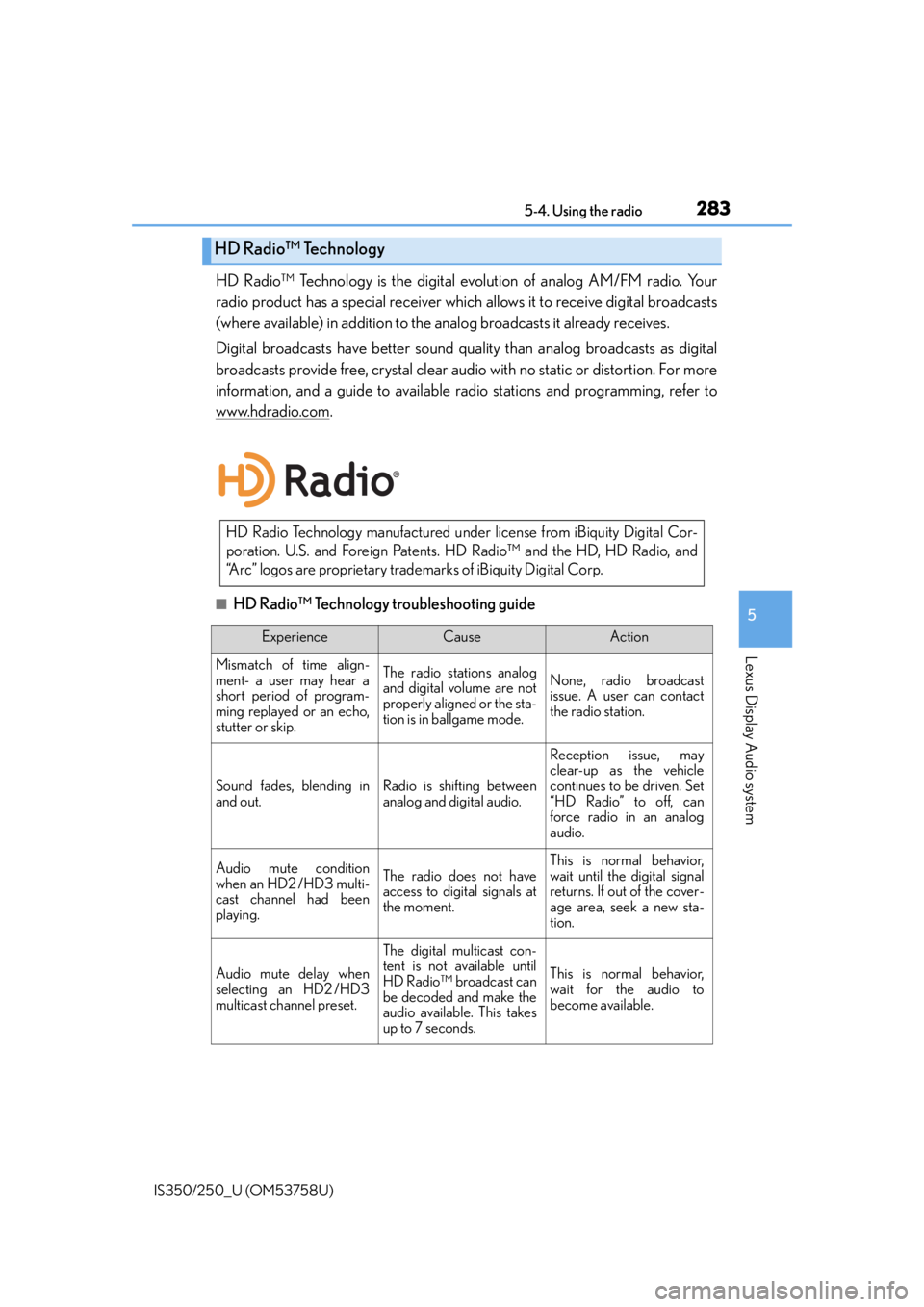 Lexus IS250 2014  2014-2015 IS250/350 TVIP V4 Remote Engine Starter (RES) Owners G / LEXUS 2014 IS250,IS350  (OM53758U) Service Manual 2835-4. Using the radio
5
Lexus Display Audio system
IS350/250_U (OM53758U)
HD Radio™ Technology is the digital evolution of analog AM/FM radio. Your
radio product has a special receiver which allow