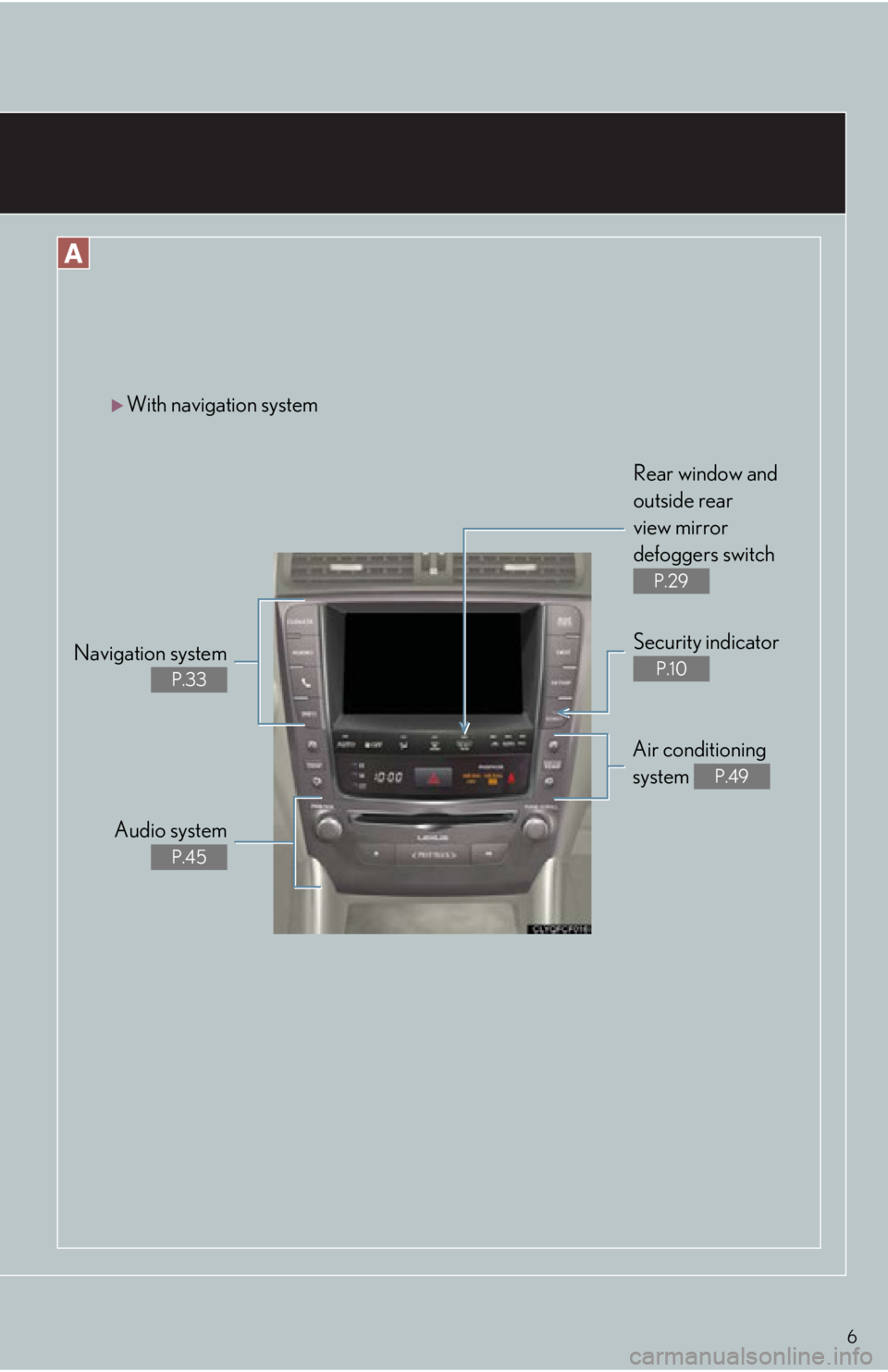Lexus IS250 2013  Owners Manual / LEXUS 2013 IS250,IS350 QUICK GUIDE OWNERS MANUAL (OM53B68U) 6
Air conditioning 
system 
P.49
Rear window and 
outside rear 
view mirror 
defoggers switch 
P.29
Security indicator 
P.10
Audio system
P.45
With navigation system
Navigation system
P.33 