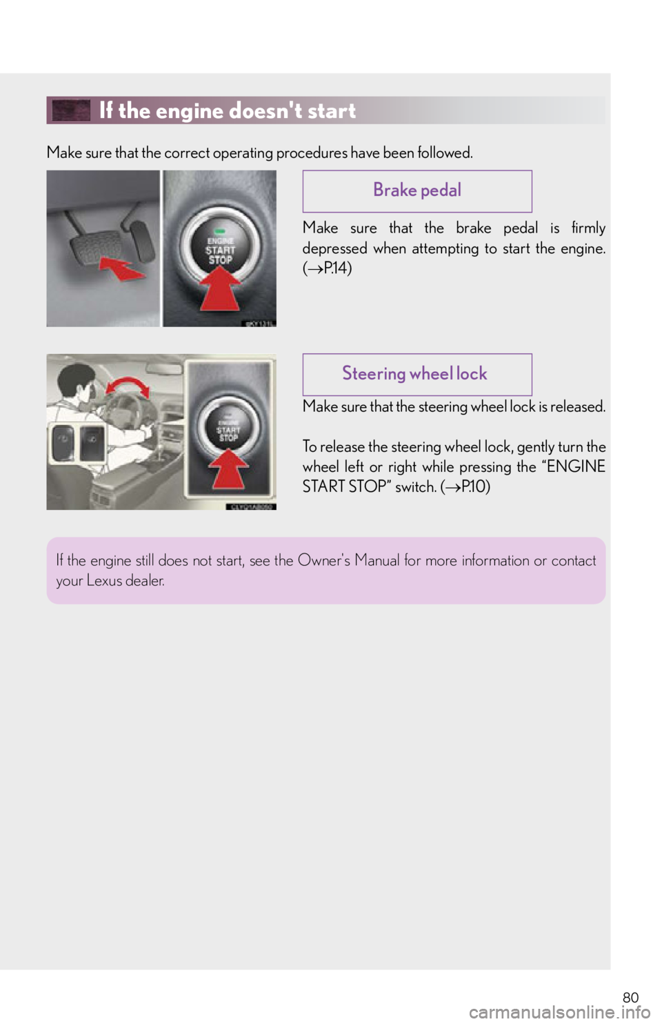 Lexus IS250 2013  Owners Manual / LEXUS 2013 IS250,IS350 QUICK GUIDE  (OM53B68U) Manual PDF 80
If the engine doesnt start
Make sure that the correct operating procedures have been followed.Make sure that the brake pedal is firmly
depressed when attempting to start the engine.
( P.1 4 )
M