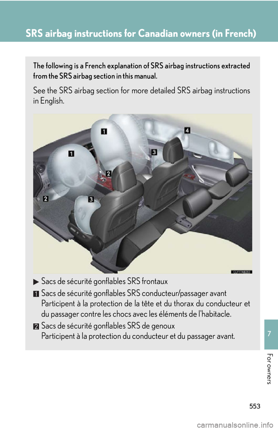 Lexus IS250 2013 Navigation Manual / LEXUS 2013 IS250,IS350 OWNERS MANUAL (OM53B64U) 553
7
For owners
SRS airbag instructions for Canadian owners (in French)
The following is a French explanation of SRS airbag instructions extracted
from the SRS airbag section in this manual.
See the Lexus IS250 2013 Navigation Manual / LEXUS 2013 IS250,IS350 OWNERS MANUAL (OM53B64U) 553
7
For owners
SRS airbag instructions for Canadian owners (in French)
The following is a French explanation of SRS airbag instructions extracted
from the SRS airbag section in this manual.
See the