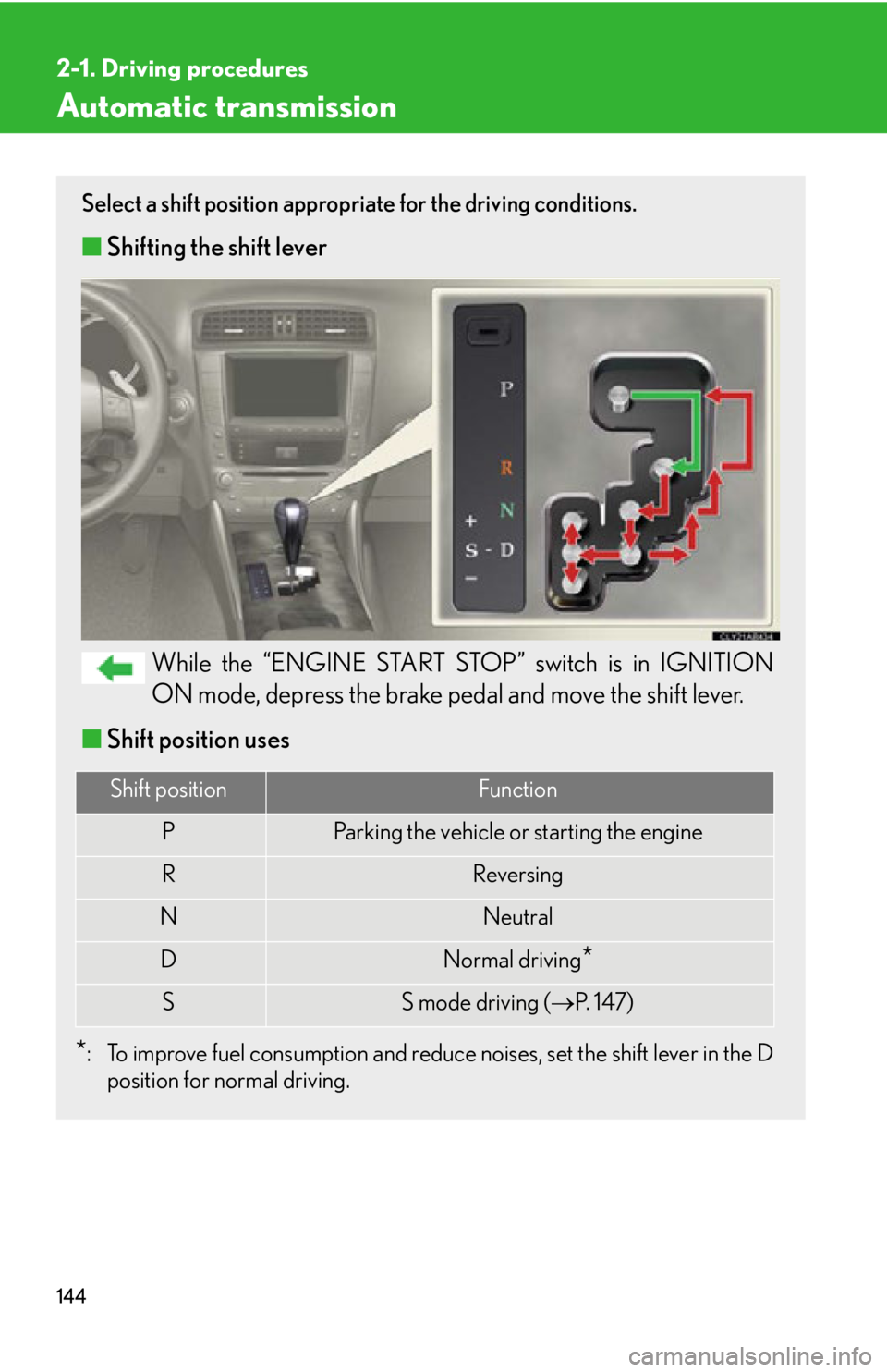 Lexus IS250 2013 Warranty and Services Guide / LEXUS 2013 IS250,IS350 (OM53B64U) Owners Manual 144
2-1. Driving procedures
Automatic transmission
Select a shift position appropriate for the driving conditions.
■Shifting the shift lever
While the “ENGINE START STOP” switch is in IGNITION
O Lexus IS250 2013 Warranty and Services Guide / LEXUS 2013 IS250,IS350 (OM53B64U) Owners Manual 144
2-1. Driving procedures
Automatic transmission
Select a shift position appropriate for the driving conditions.
■Shifting the shift lever
While the “ENGINE START STOP” switch is in IGNITION
O