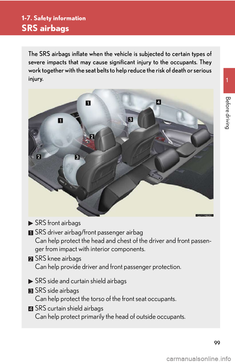 Lexus IS250 2013  Warranty and Services Guide / LEXUS 2013 IS250,IS350 OWNERS MANUAL (OM53B64U) 99
1
1-7. Safety information
Before driving
SRS airbags
The SRS airbags inflate when the vehicle is subjected to certain types of
severe impacts that may cause significant injury to the occupants. The